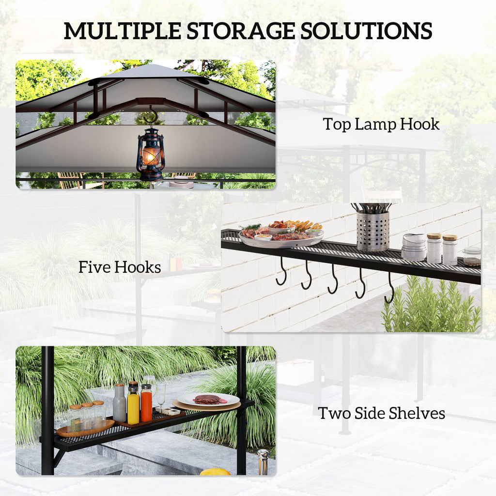 8' x 7.6' Outdoor Grill Gazebo, Barbecue Gazebo Shelter with Side Awning, 2 Side Shelves and 6 Hooks, Dark Gray
