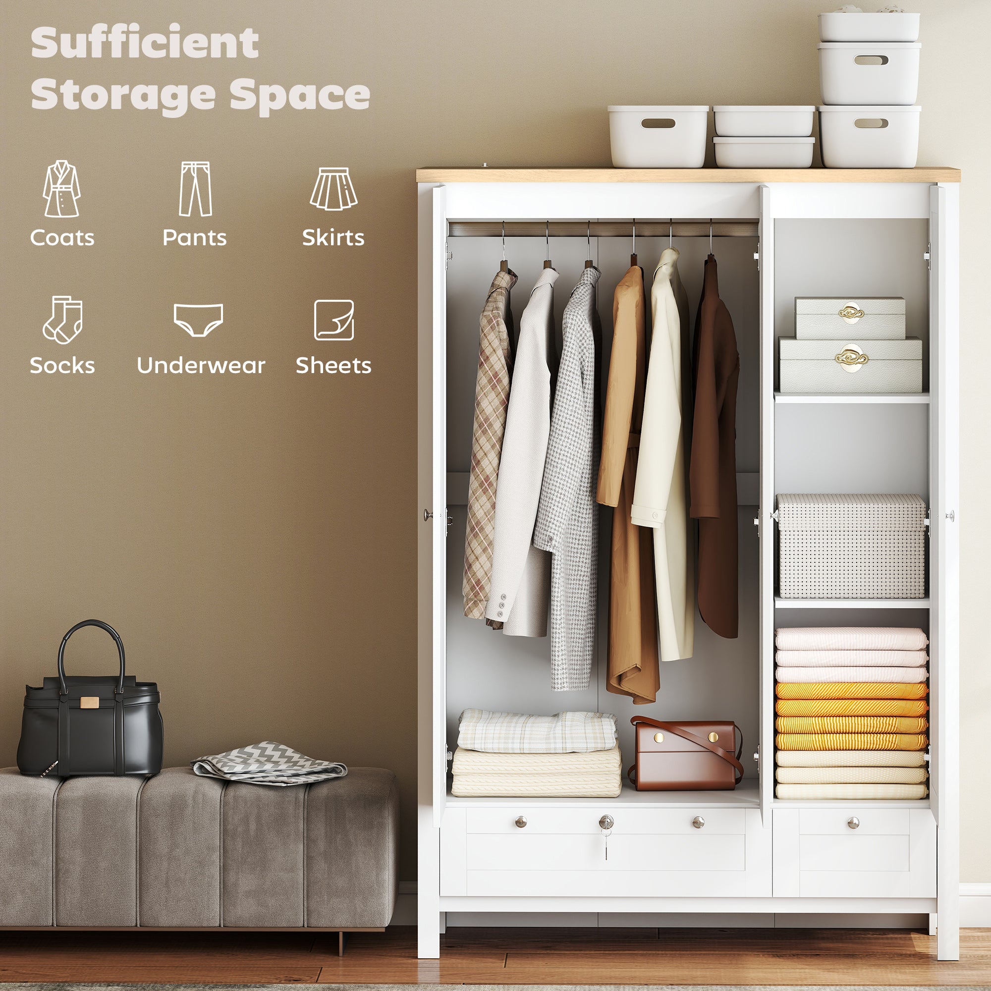 3 Doors Wardrobe Closet with 2 Drawers, Bedroom Armoire with Lockable Drawer, Hanging Rod and Storage Shelves, White