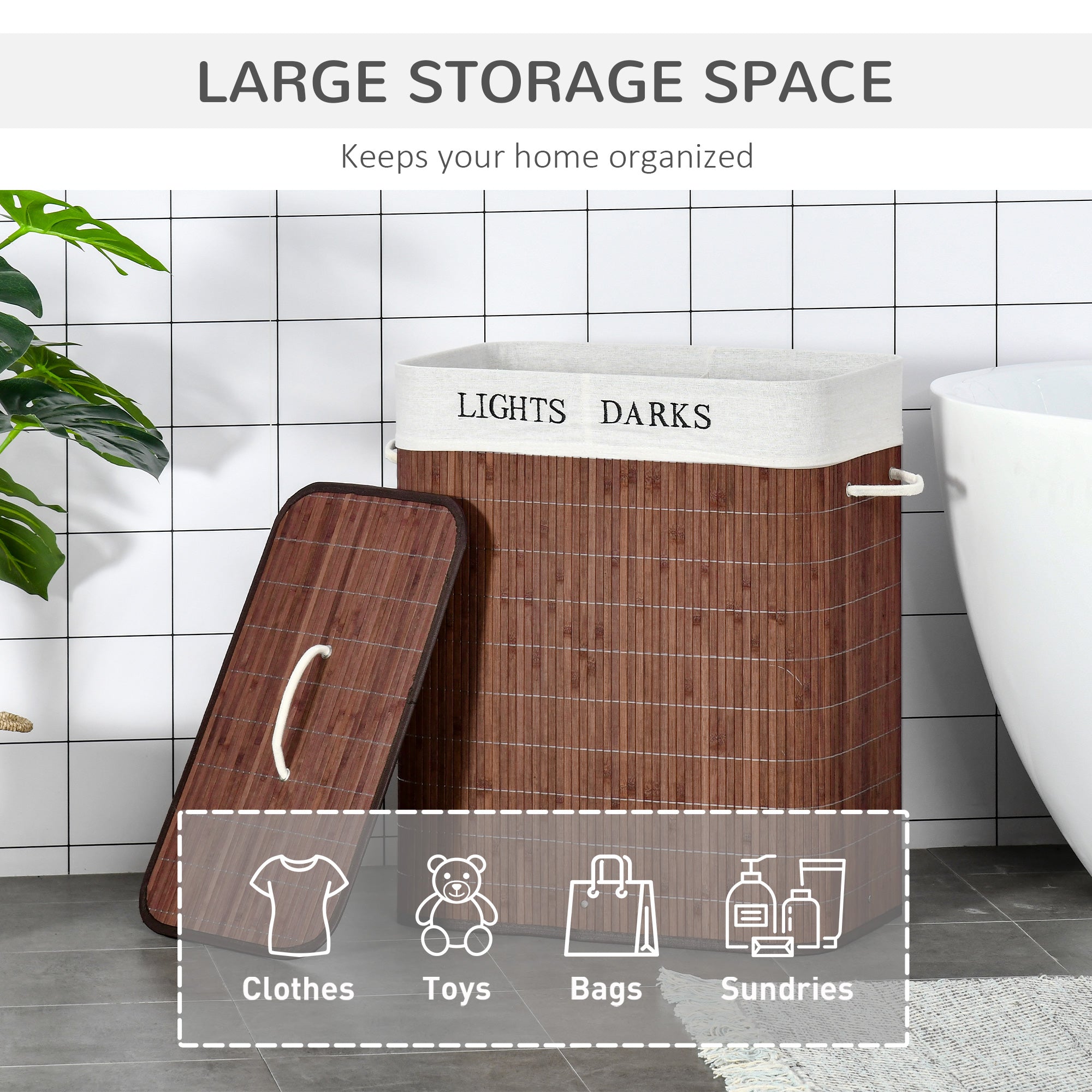 Bamboo Laundry Basket with Lid and String Handles, Collapsible Laundry Hamper with 2 Removable Bags, Brown