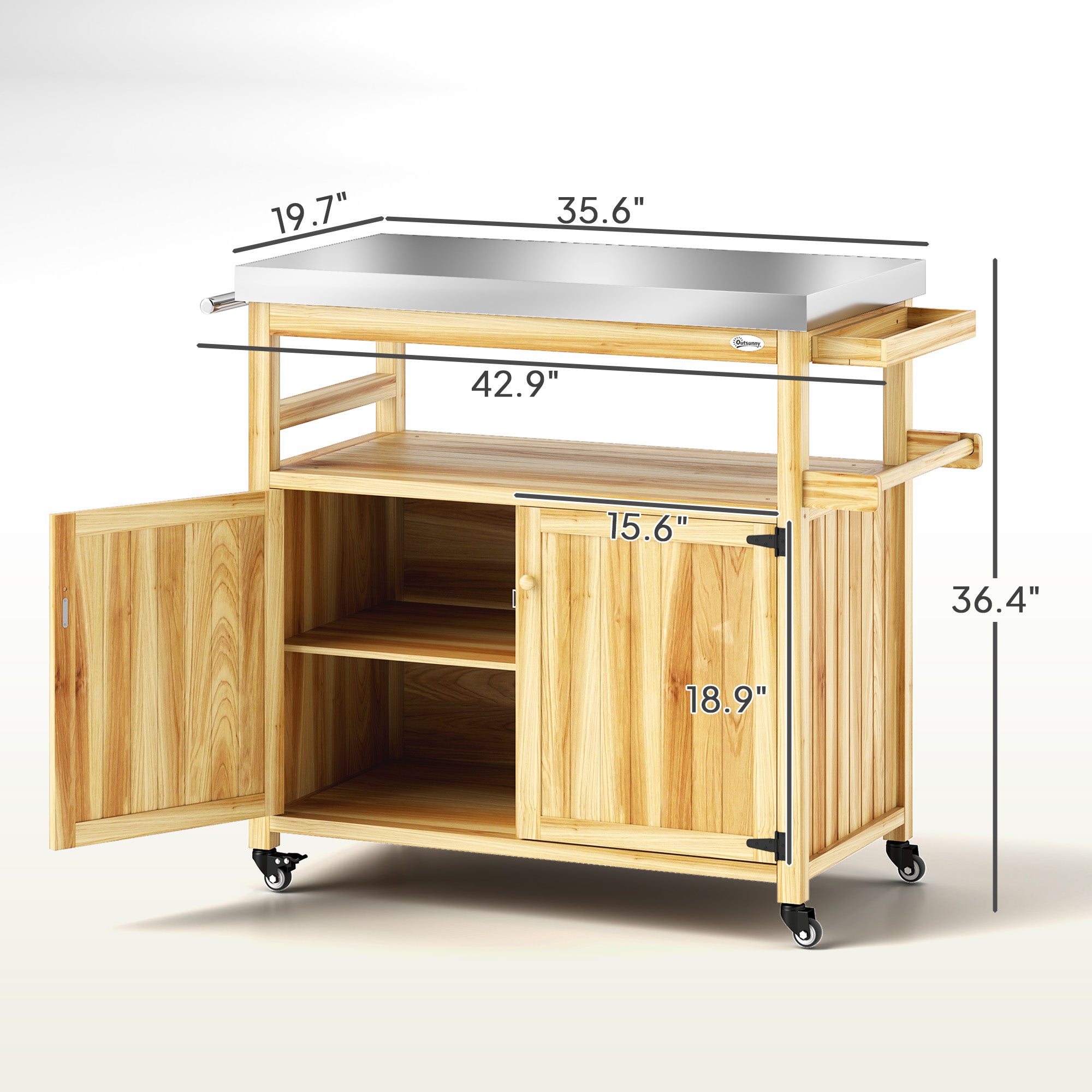 Outdoor Grill Cart w/ Stainless Steel Top, Solid Wood Outdoor Kitchen Island w/ Wheels, Storage Cabinets, Natural Wood