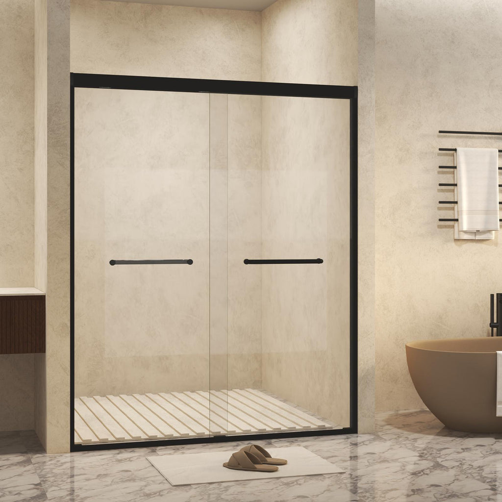 Aluminum Frame Double Sliding Shower Door with Safety Film, Stainless Steel Long Handle, Panel for Bathroom, 60" L x 0.5" W x 72" H, Matt Black