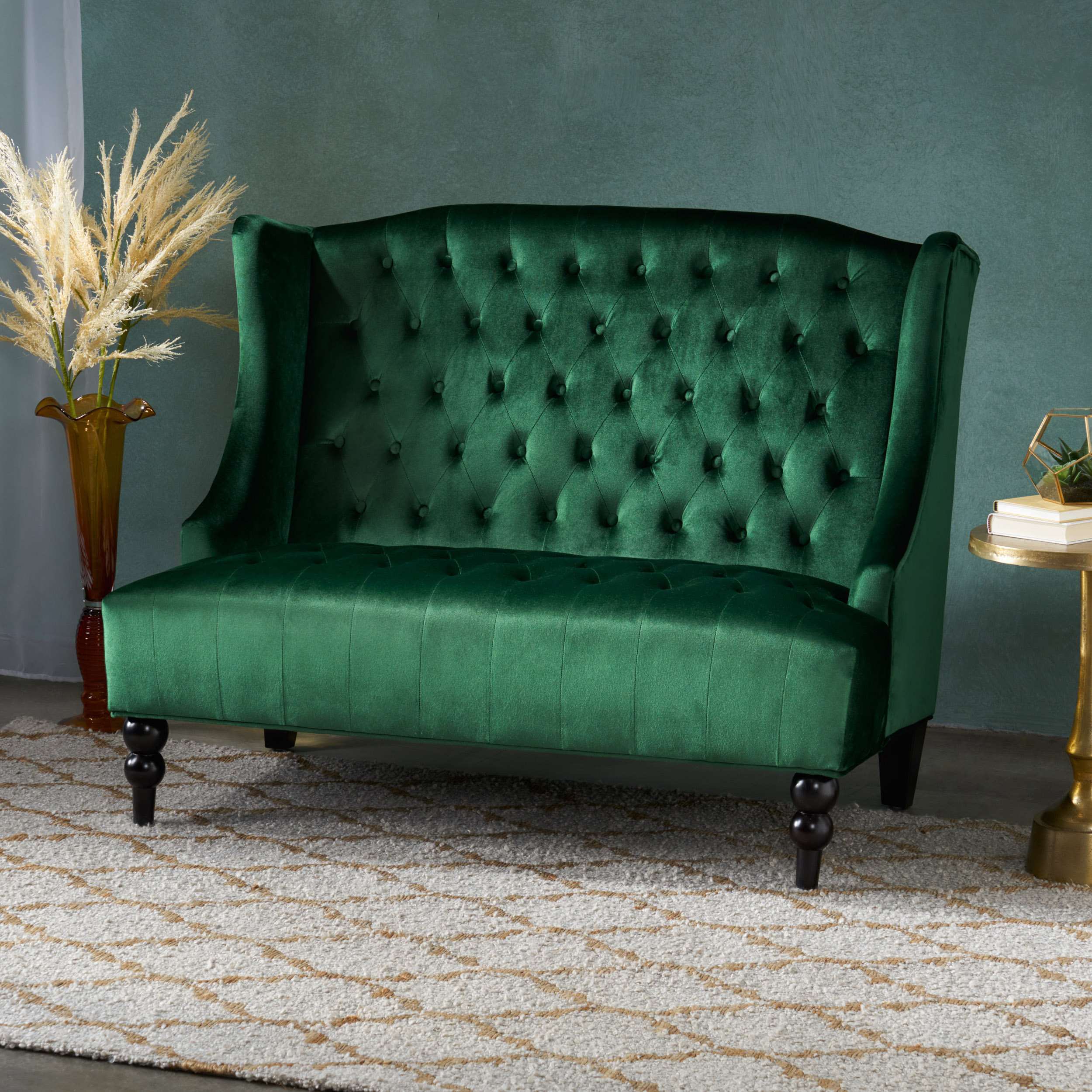 Modern Glam Loveseat Sofa with Velvet Upholstery, Wingback Design, Button-Tufted Diamond Stitch, 50.50" W x 34.00" D x 38.50" H, Emerald