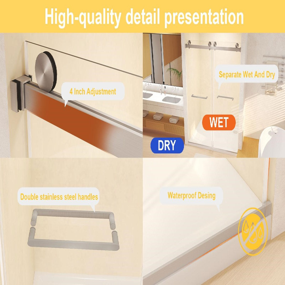 Frameless Double Sliding Shower Door with Silent Rollers, Bathroom Door with Square Tube Track, 60" L x 0.5" W x 74" H, Brushed Nickel