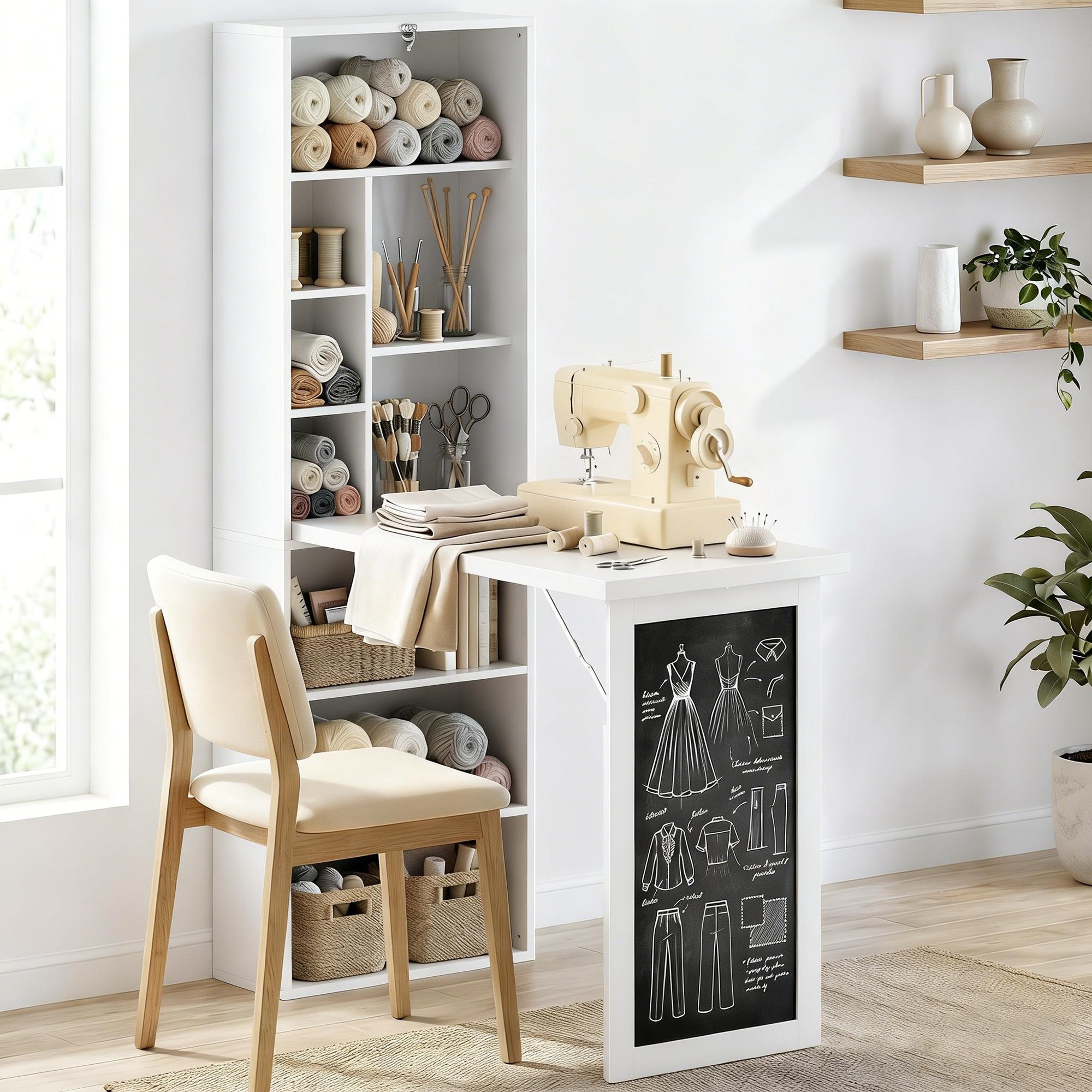 Fold-out Convertible Office Desk, Wall Mount Computer Desk with Blackboard and Side Shelf, White