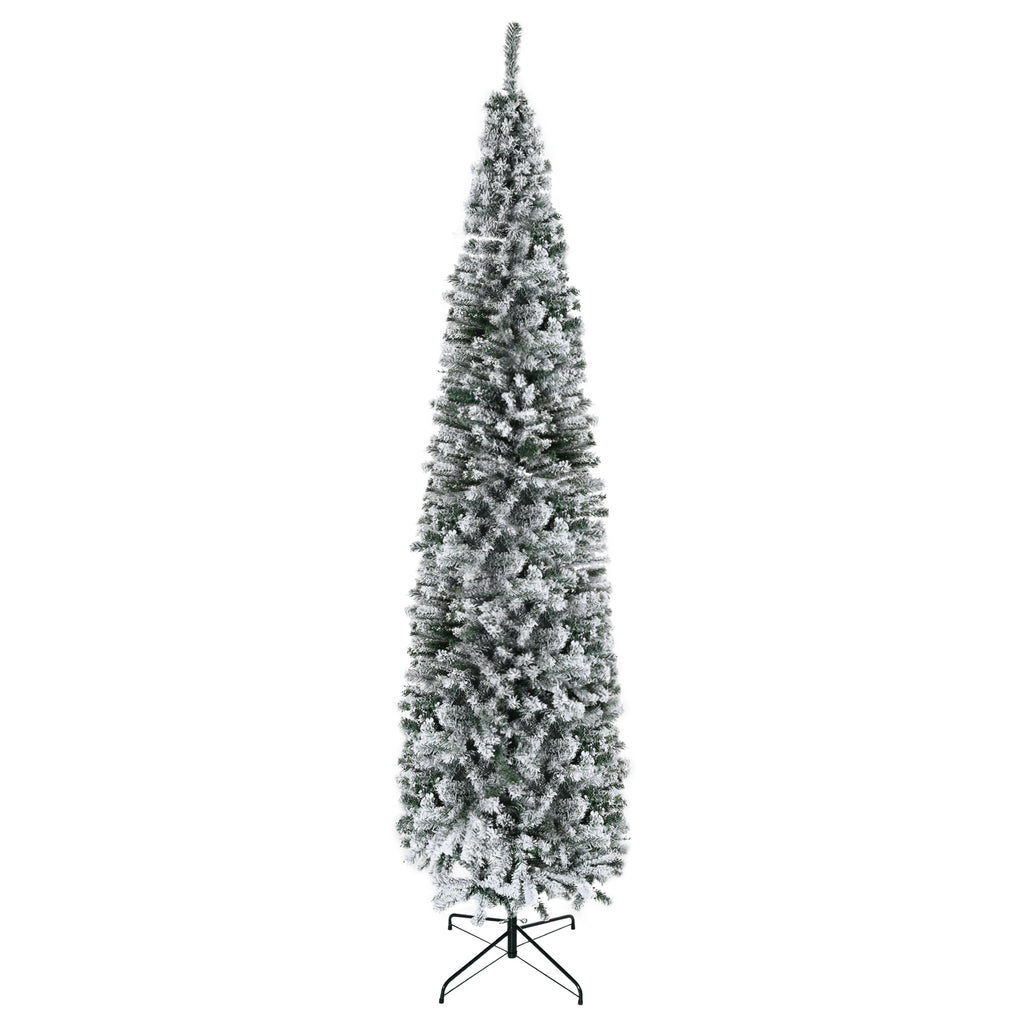 9ft Flocked Christmas Tree, Pencil Artificial Xmas Tree with Faux Snow, Dense Branches, Foldable Metal Base for Indoor Holiday Decor