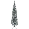 9ft Flocked Christmas Tree, Pencil Artificial Xmas Tree with Faux Snow, Dense Branches, Foldable Metal Base for Indoor Holiday Decor