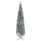 9ft Flocked Christmas Tree, Pencil Artificial Xmas Tree with Faux Snow, Dense Branches, Foldable Metal Base for Indoor Holiday Decor