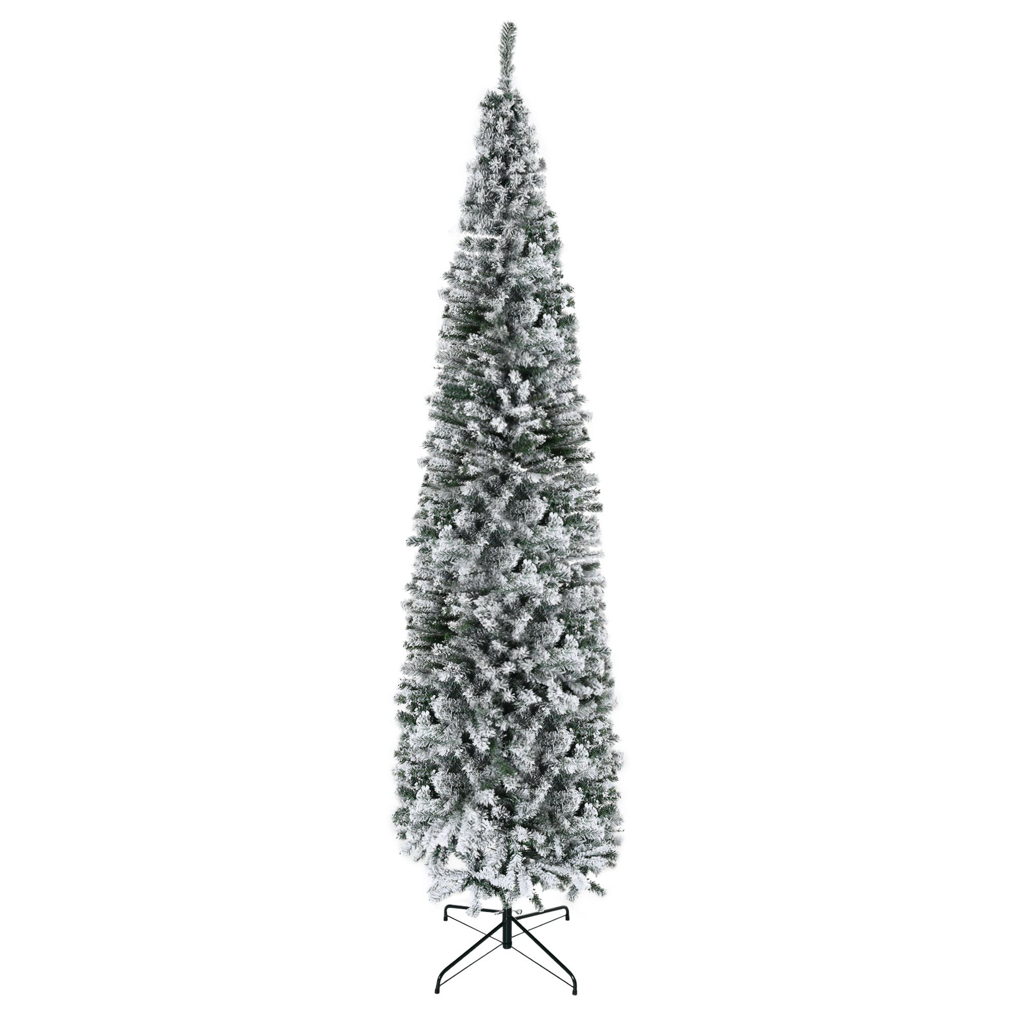9ft Flocked Christmas Tree, Pencil Artificial Xmas Tree with Faux Snow, Dense Branches, Foldable Metal Base for Indoor Holiday Decor