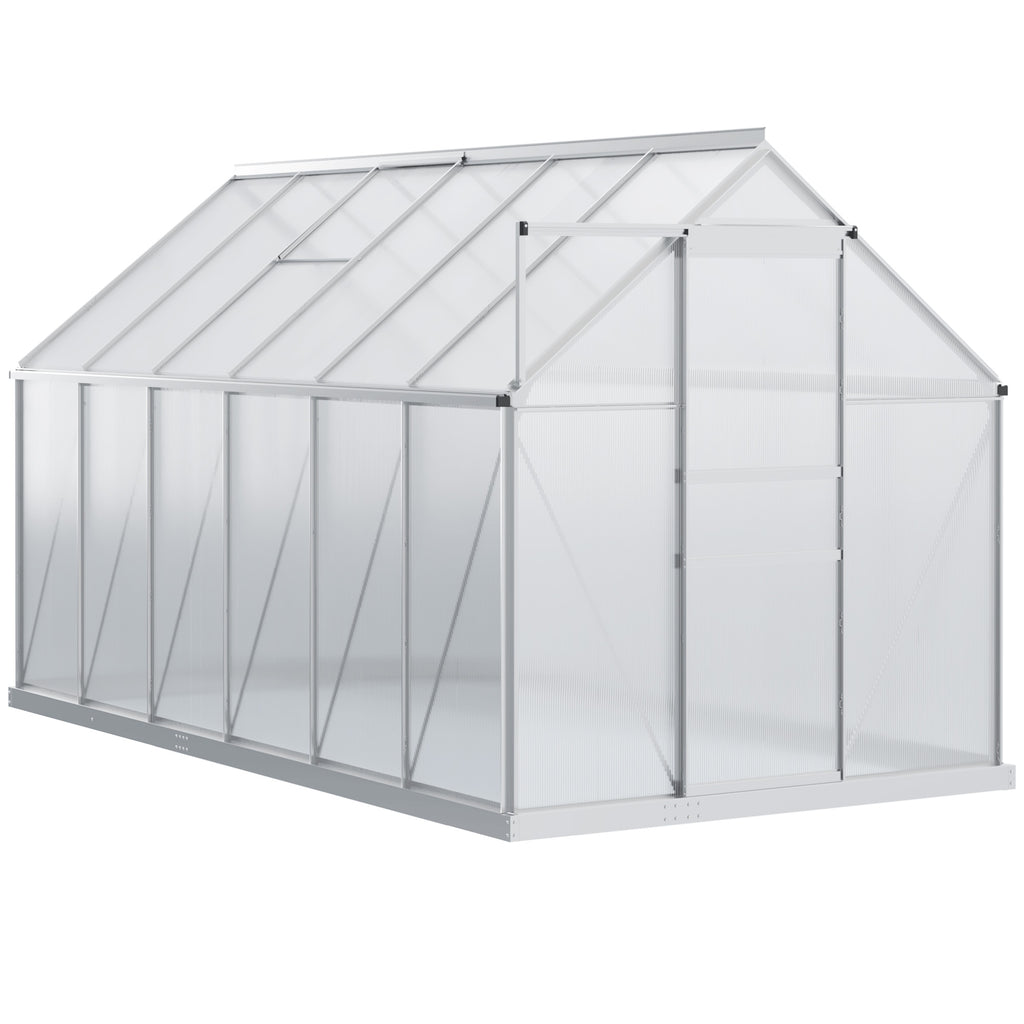 12' x 6' x 6.5' Polycarbonate Greenhouse with Aluminum Frame, Walk-in Heavy Duty Green House with Adjustable Roof Vent, Rain Gutter and Sliding Door for Winter, Silver