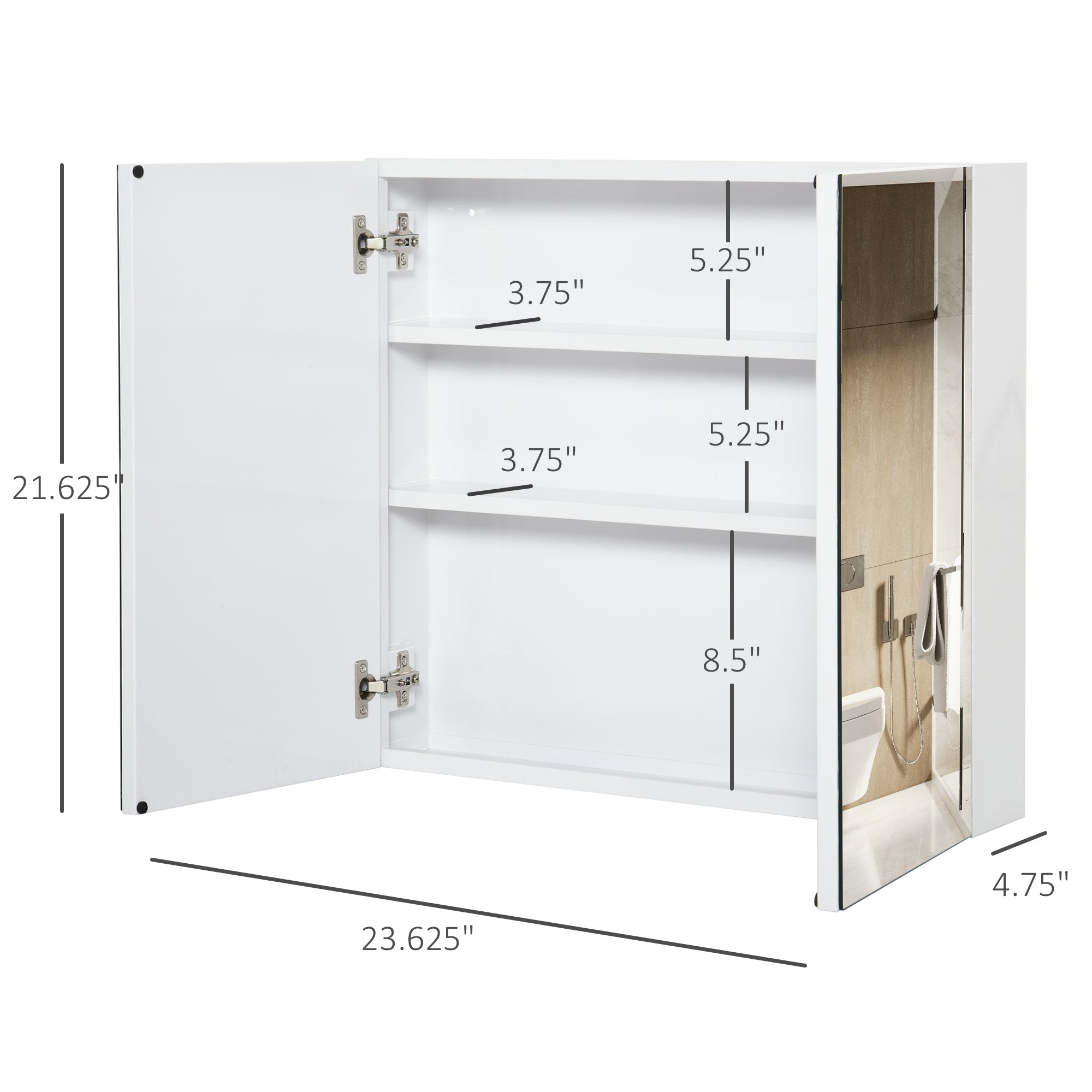 Bathroom Mirrored Cabinet, 24"x22" Steel Frame Medicine Cabinet, Wall-Mounted Storage Organizer with Double Doors, White