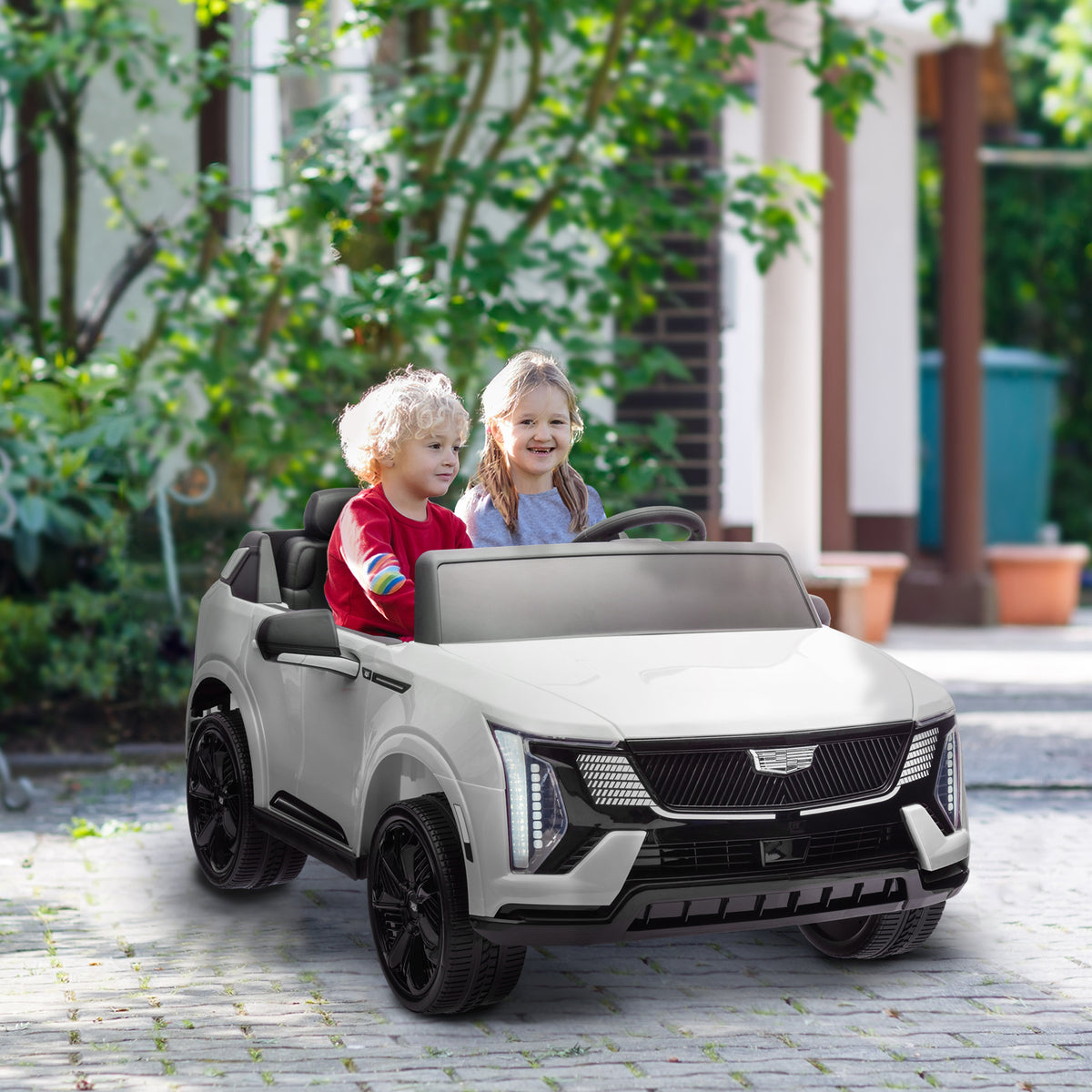 2-Seater 12V 10AH Ride on Truck, Escalade Licensed Electric Car for Kids w/ Spring Suspension Wheels, White
