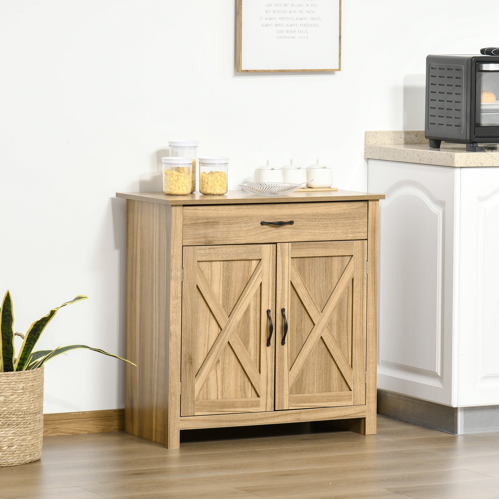 Farmhouse Sideboard Cabinet with Barn Doors Kitchen Buffet Cabinet with Drawer and Adjustable Shelf Stone Natural