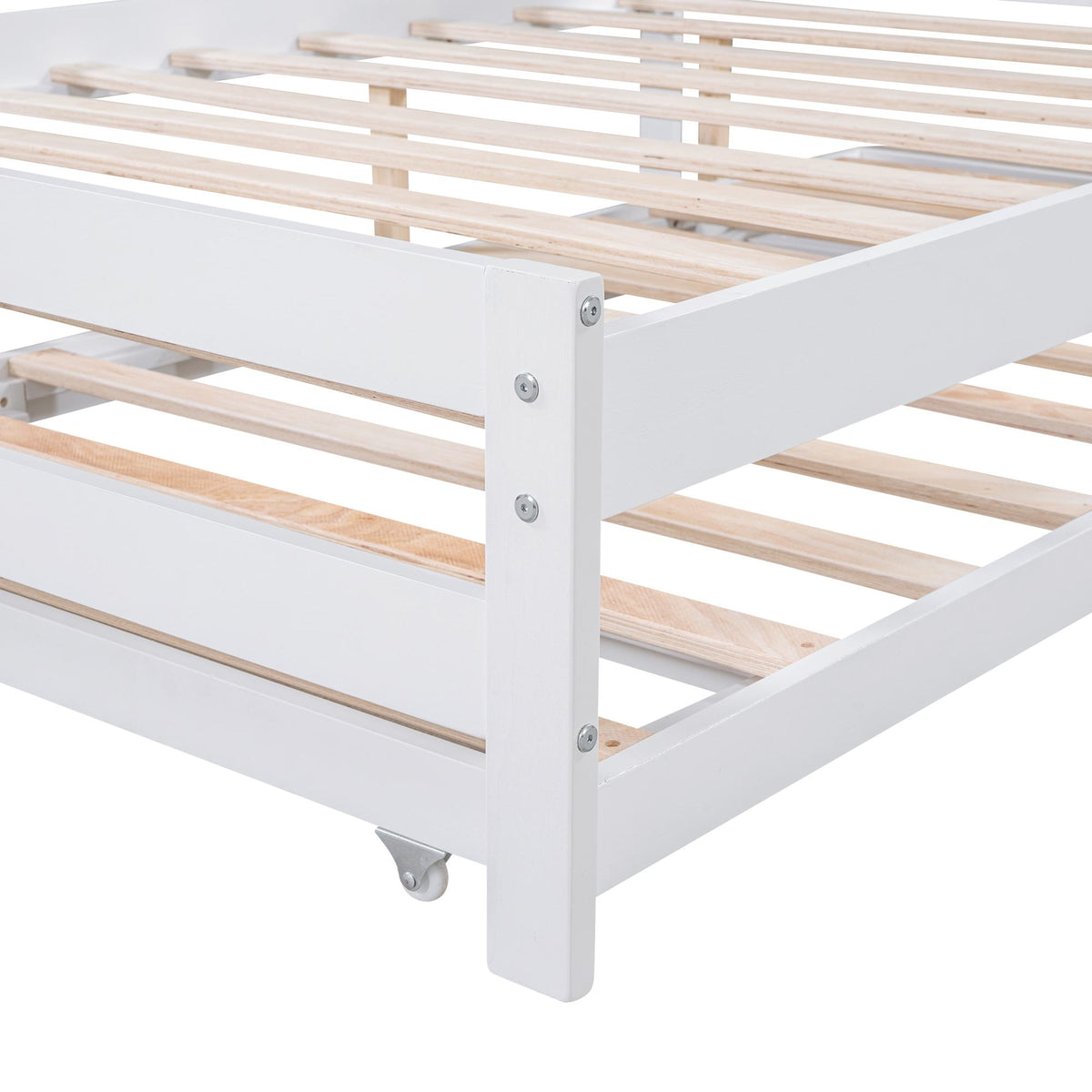Full Size Platform Bed with Adjustable Trundle, Solid Pine Wood and MDF, 78" L x 97.5" W x 39.5" H, White