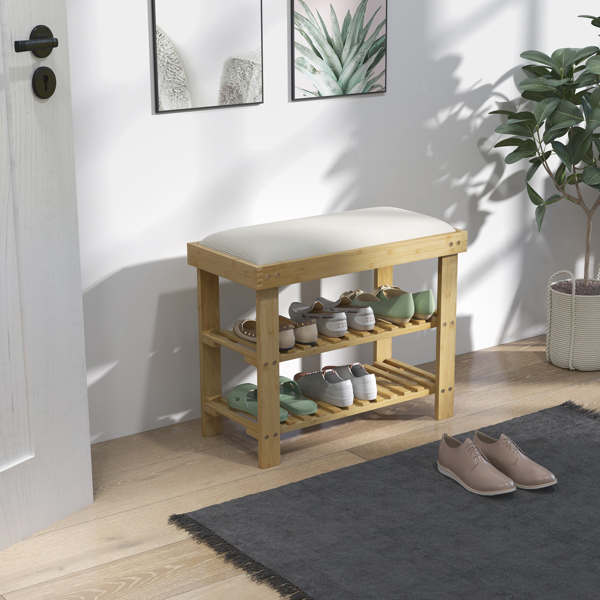 Bamboo Shoe Storage Bench, 3-Tier Entryway Bench with Cushion, Shoe Organizer for Entryway, Hallway, Natural