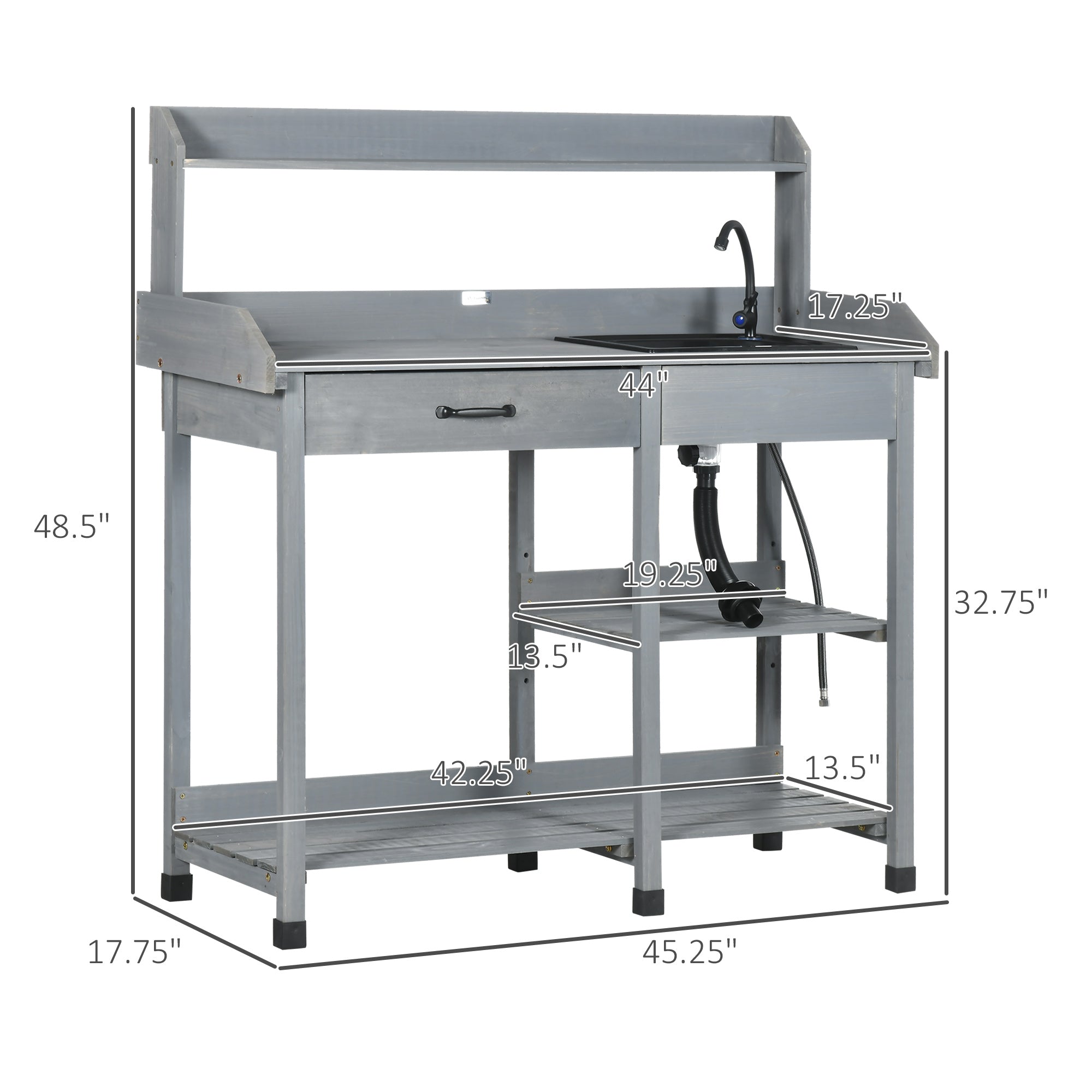 Potting Bench Table, Outdoor Garden Table Wooden Work Station with Removable Sink, Faucet, Drawer, Shelves, Hooks, Gray