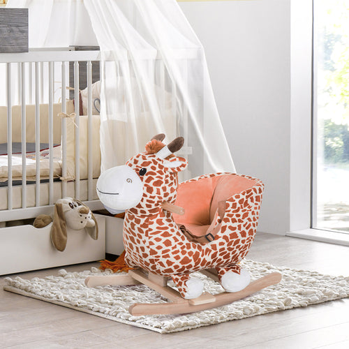Kids Plush Rocking Horse Giraffe Style Themed Ride-On Chair Toy With Sound Brown