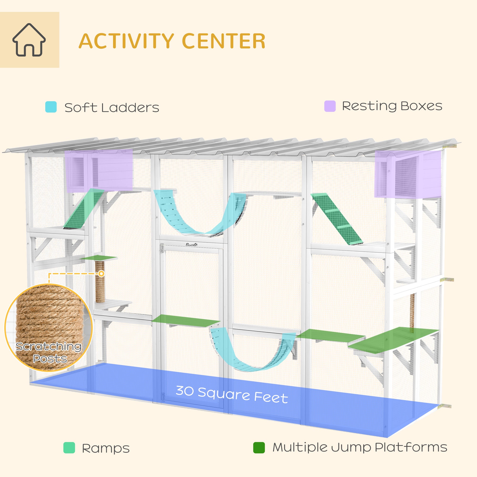 118" Large Outdoor Catio Cat Enclosure with Condos, Bridges & Posts, White