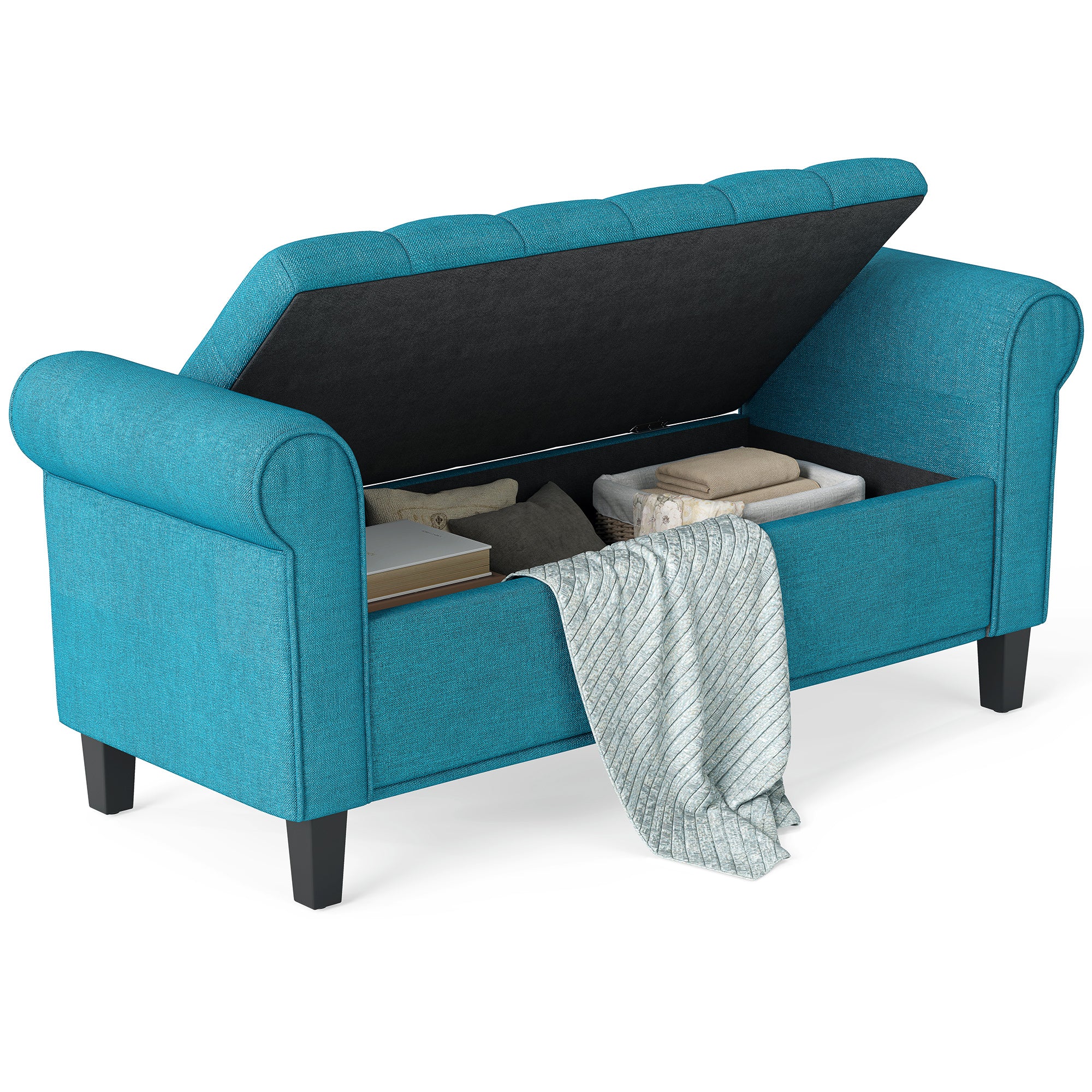 50 Inches Storage Ottoman, End of Bed Bench with Rolled Arms, Wood Legs, Button Tufted Storage Bench, Teal