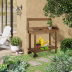 36'' Wooden Potting Bench Work Table with 2 Removable Wheels, Sink, Drawer & Large Storage Spaces, Brown