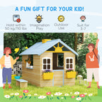 Wooden Playhouse for Kids Outdoor Garden with Working Door, Windows, Bench, Service Station, Flowers Pot Holder, Blue