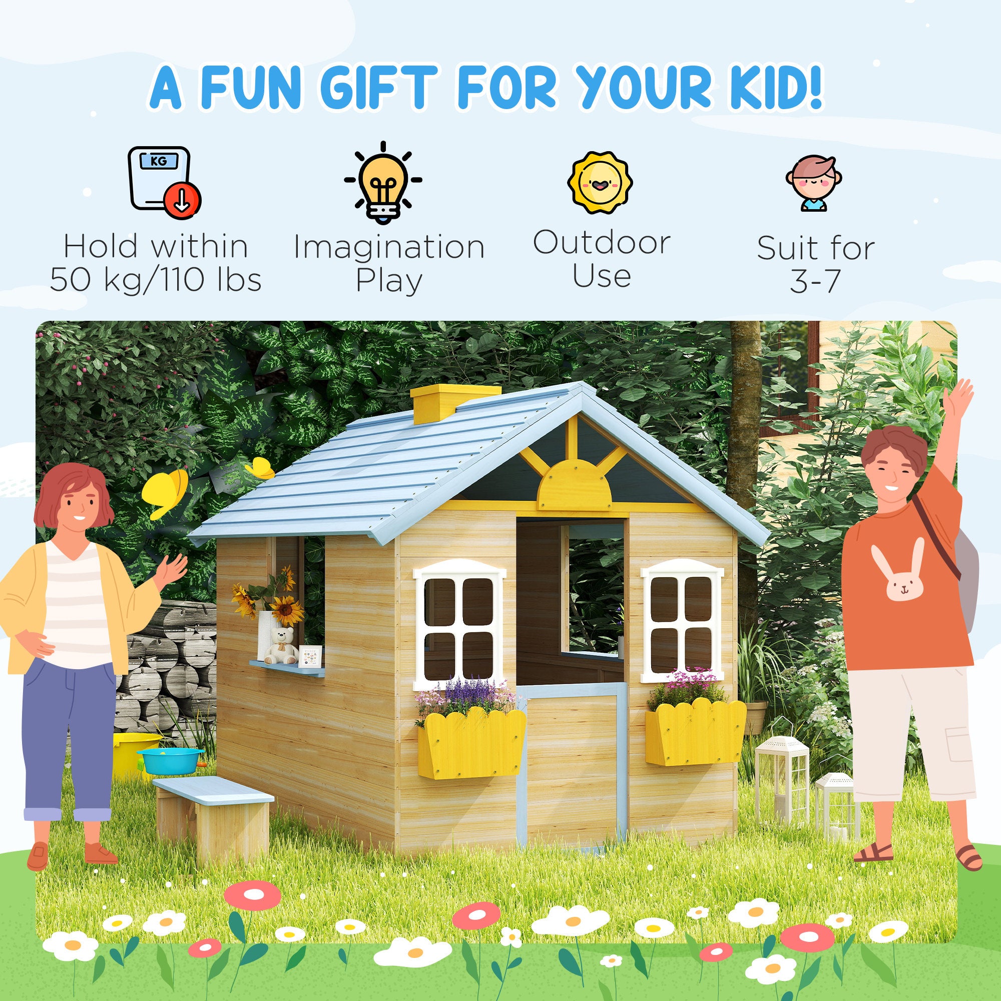 Wooden Playhouse for Kids Outdoor Garden with Working Door, Windows, Bench, Service Station, Flowers Pot Holder, Blue