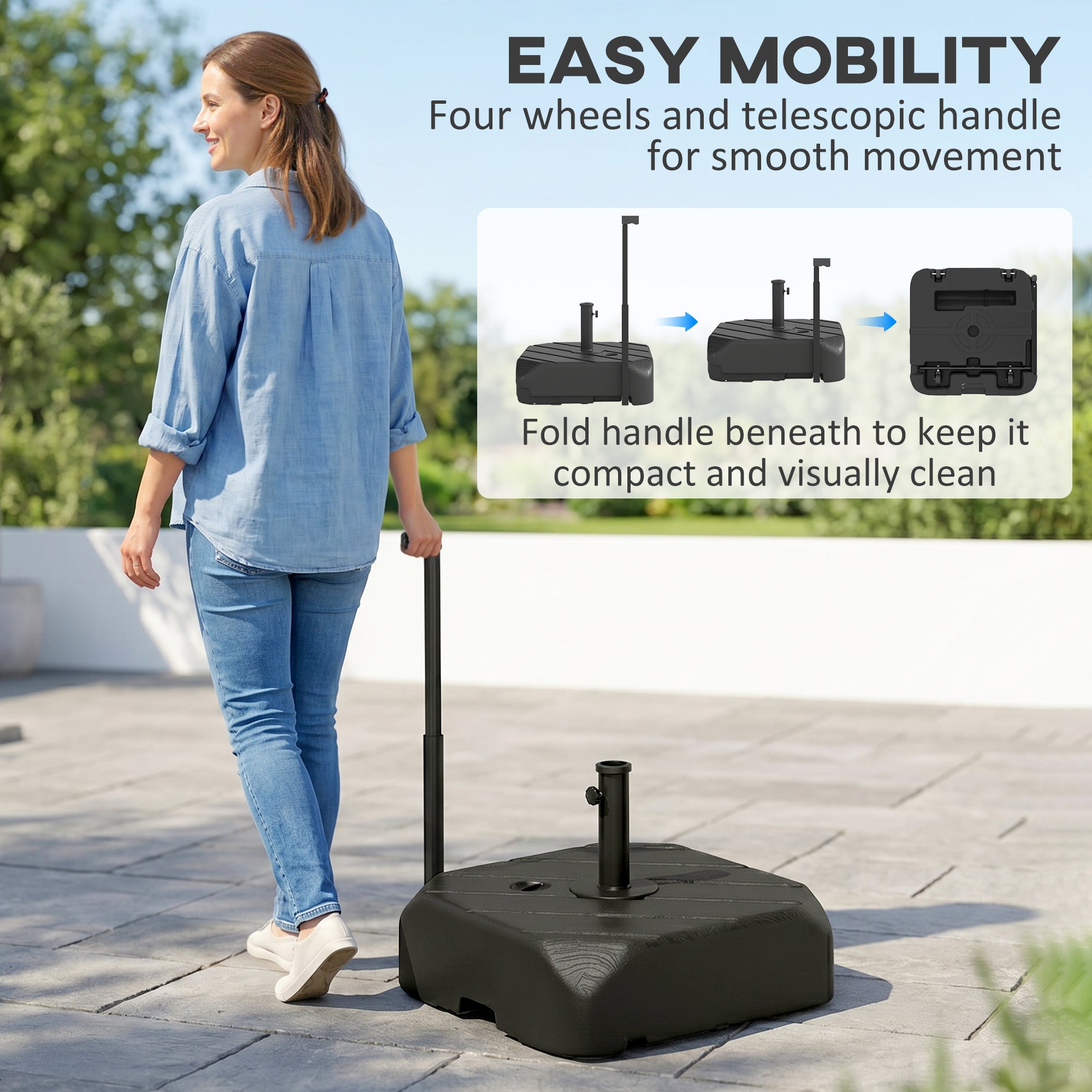 Patio Umbrella Base with Wheels, Telescopic Handle, 158 lb Sand or 99 lb Water Filled Umbrella Stand, Black