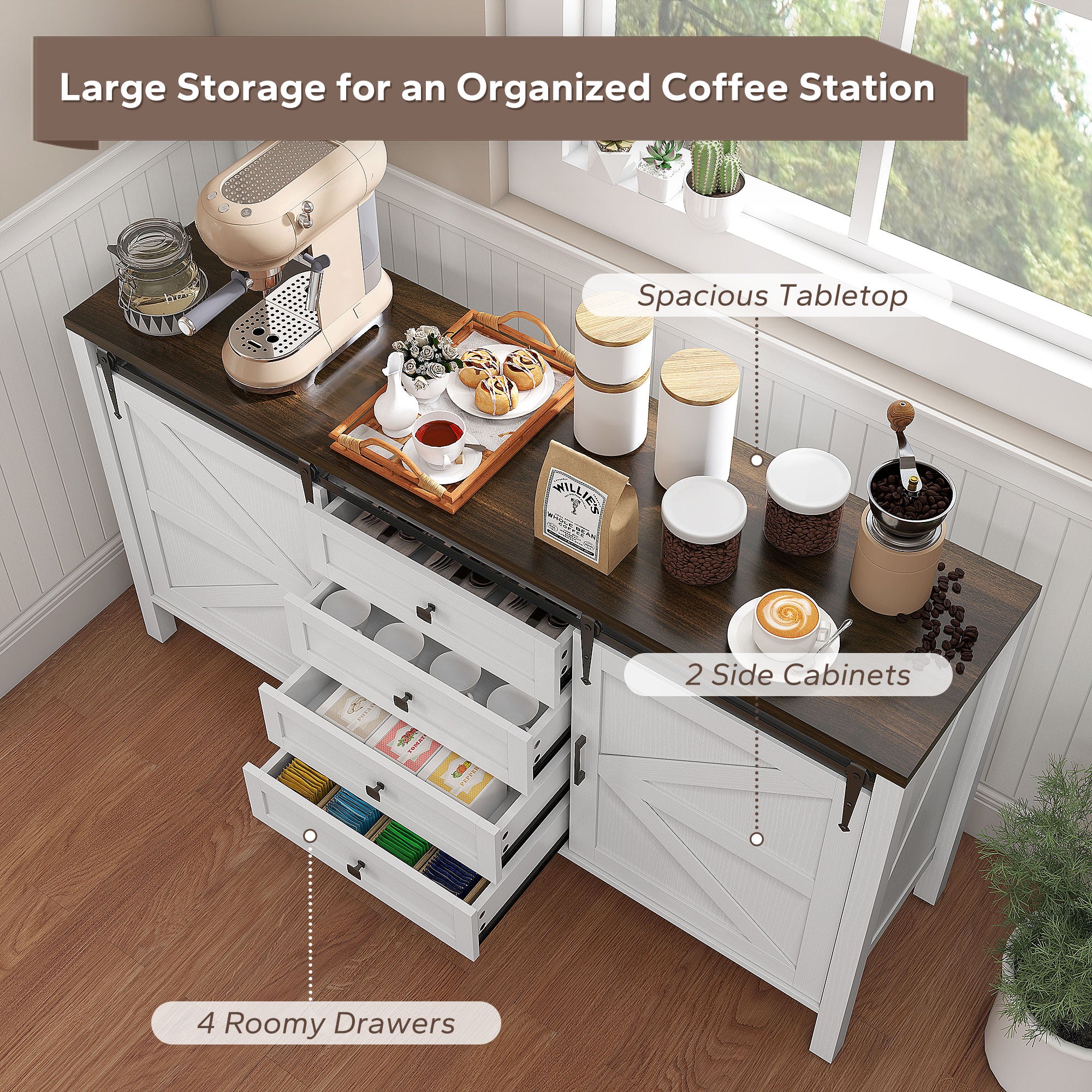 59" Buffet Cabinet, Farmhouse Sideboard with Thick Top, 2 Barn Doors, 4 Drawers and 2 Adjustable Shelves, White