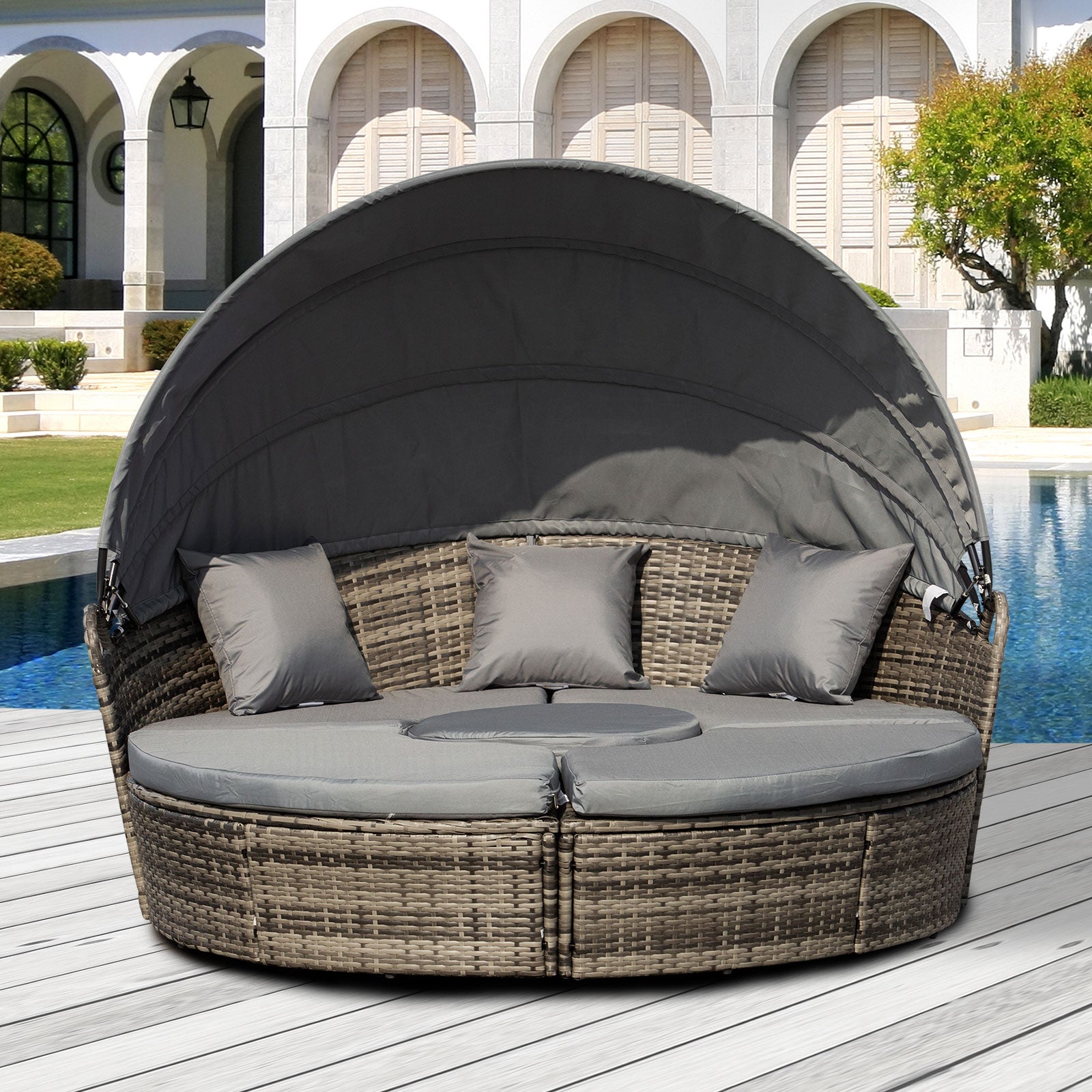 4-Piece Round Convertible Daybed with Cushions, Outdoor PE Rattan Patio Wicker Sofa Set, Sunbed with Adjustable Sun Canopy, Sectional Sofa, 2 Chairs, Table, 3 Pillows, Dark Gray