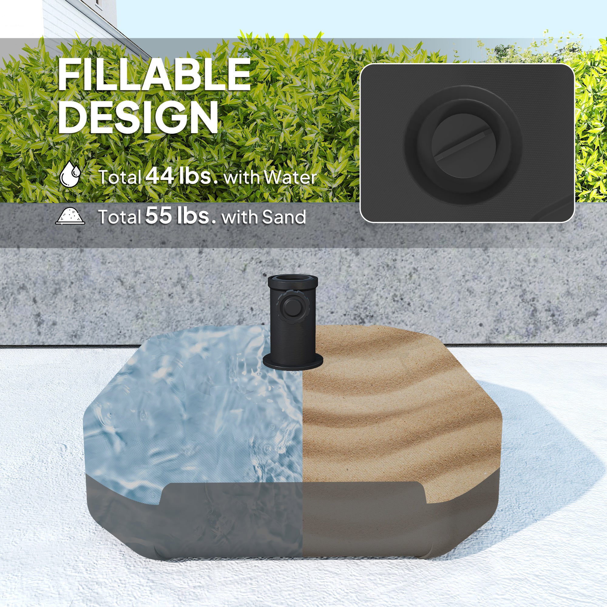 Square Patio Umbrella Base Holder, Heavy Duty Outdoor Umbrella Stand Base, Filled Up to 55lbs with Sand or 44lbs with Water for Garden, Poolside, Black