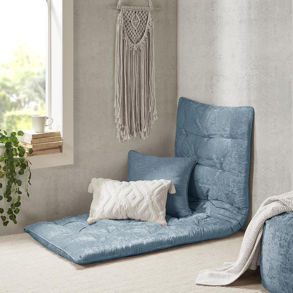 Poly Chenille Floor Pillow Cushion with Tufted Detailing, Self Travel Wrap, Lightweight Long Lounger for Relaxing, 74" L x 27" W x 3" H, Aqua