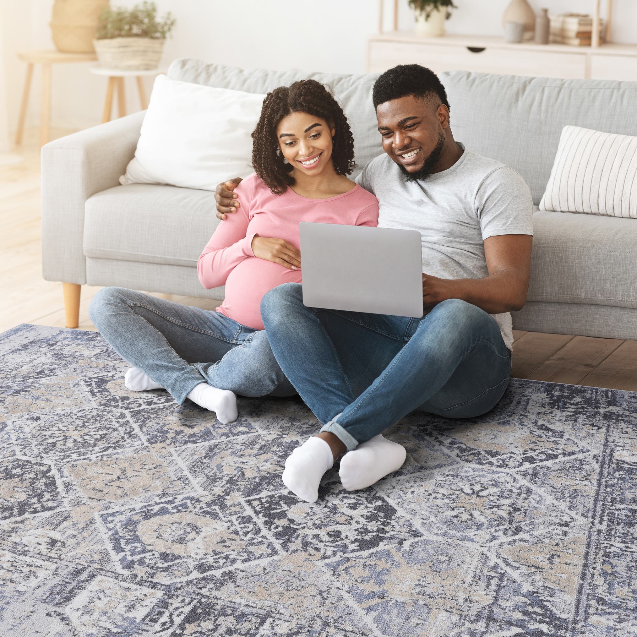 Naar 6x9 Stain-Resistant Area Rug with Cotton Backing, Medium Pile Height, Kid and Pet-Friendly Carpet, 93" L x 79" W x 0.3" H, Gray+Blue