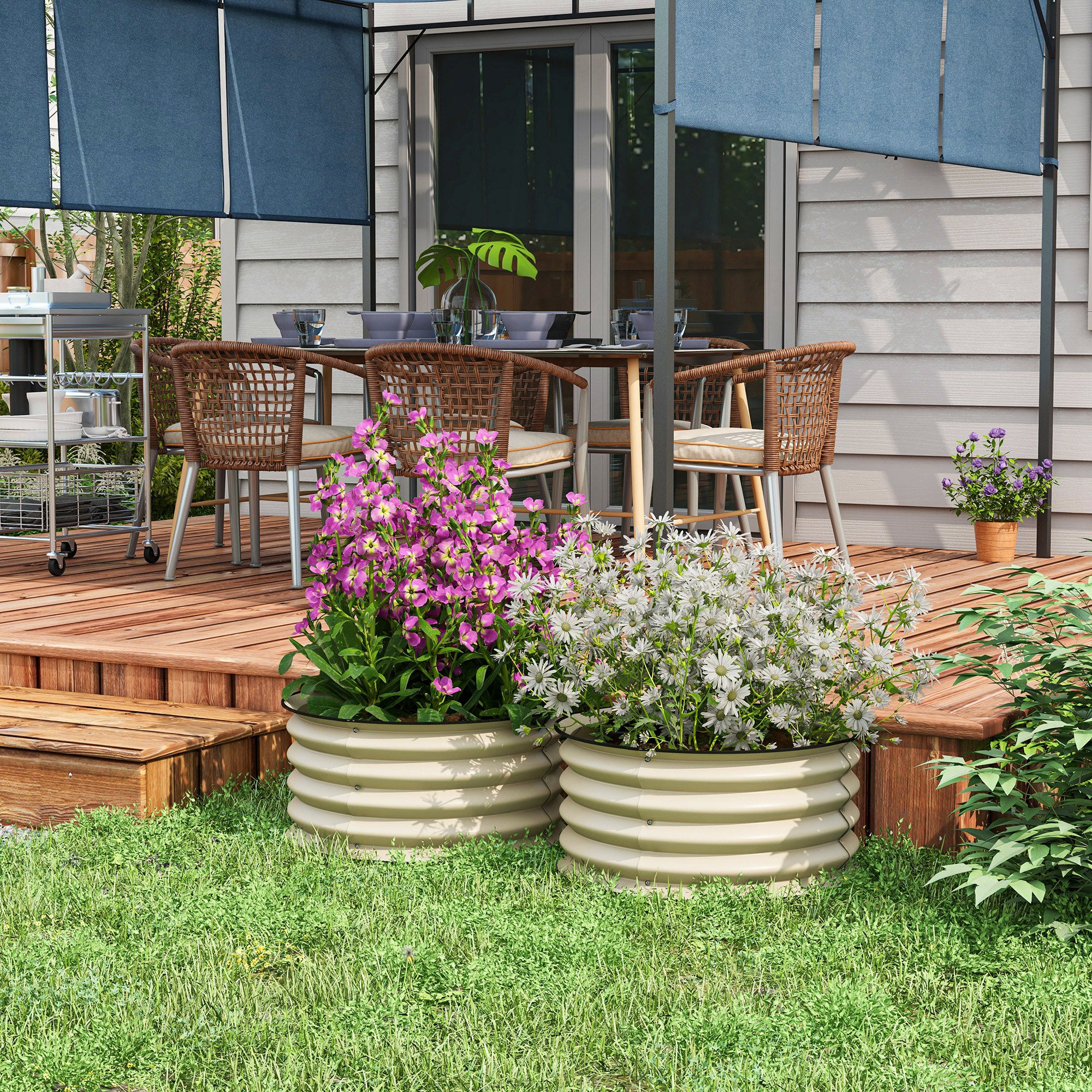 Set of 2 Raised Garden Bed, Metal Planter Box with Safety Edging, Easy-to-assemble Stock Tank, Cream