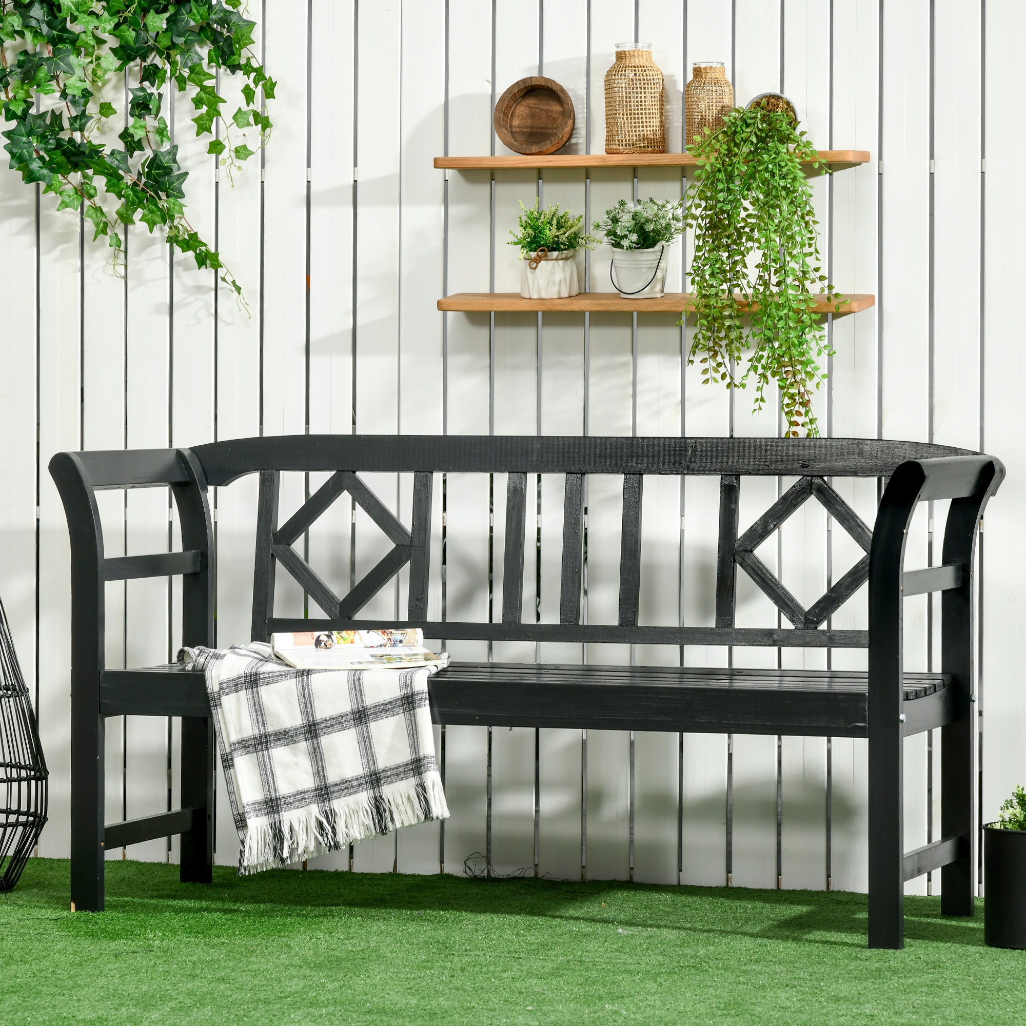 Wooden Patio Bench, Outdoor Garden Bench with Backrest and Armrests, 3 Person Porch Bench with Rustic Country Diamond Pattern, Black
