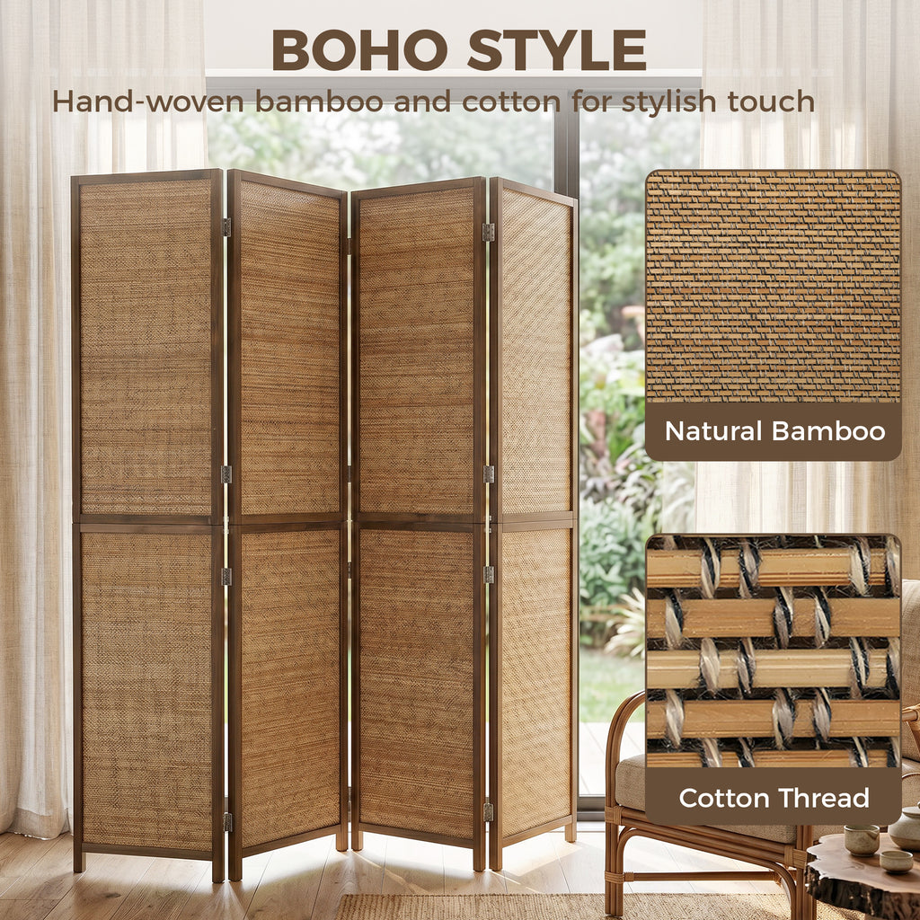 Room Divider, 4 Panel Folding Privacy Screen, 6 FT Tall Hand-Woven Bamboo Wall Partition, Brown