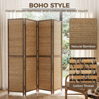 Room Divider, 4 Panel Folding Privacy Screen, 6 FT Tall Hand-Woven Bamboo Wall Partition, Brown