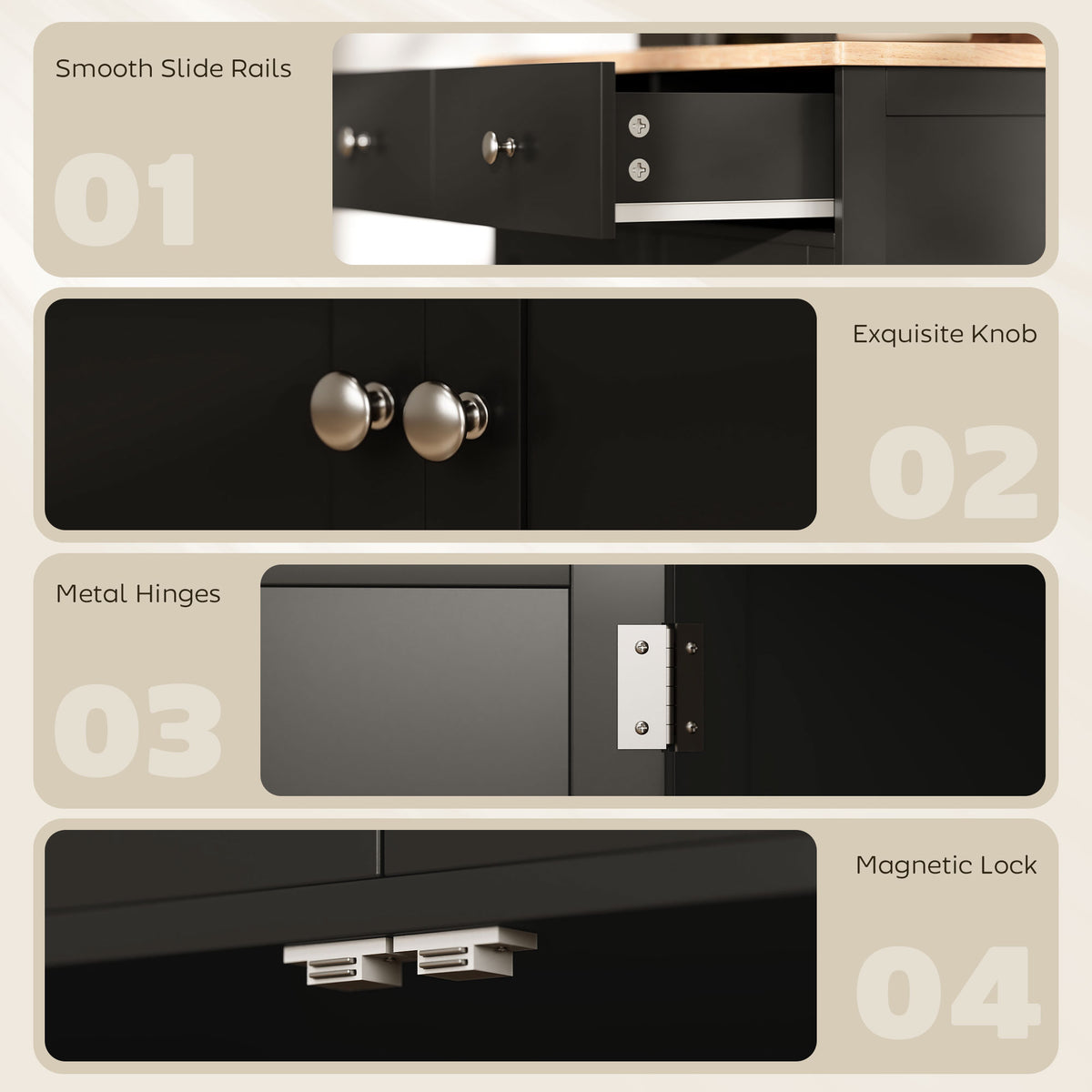 Kitchen Storage Cabinet, Sideboard Floor Cupboard with Solid Wood Top, Adjustable Shelf, and 2 Drawers, Black