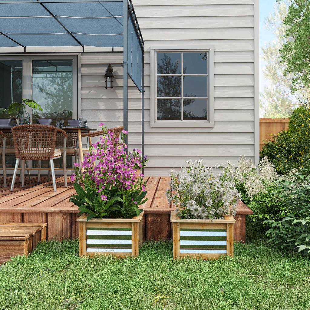 Raised Garden Beds Set of 2, Metal and Wood Combined Planter Box, for Growing Flowers, Herbs and Vegetables
