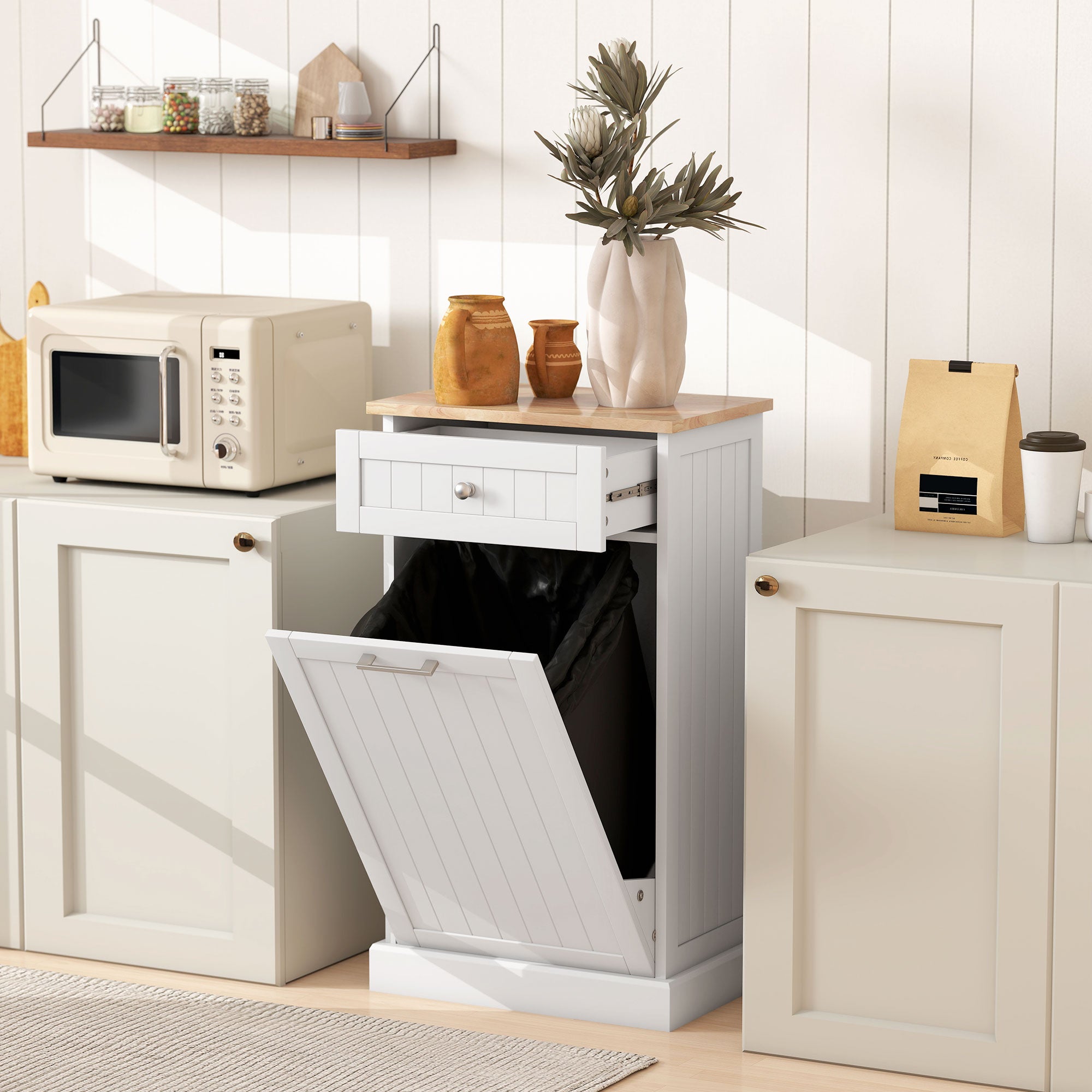 10 Gallon Tilt Out Trash Cabinet, Wooden Hidden Trash Can with Storage Drawer for Kitchen, Laundry Hamper Cabinet for Bathroom, White