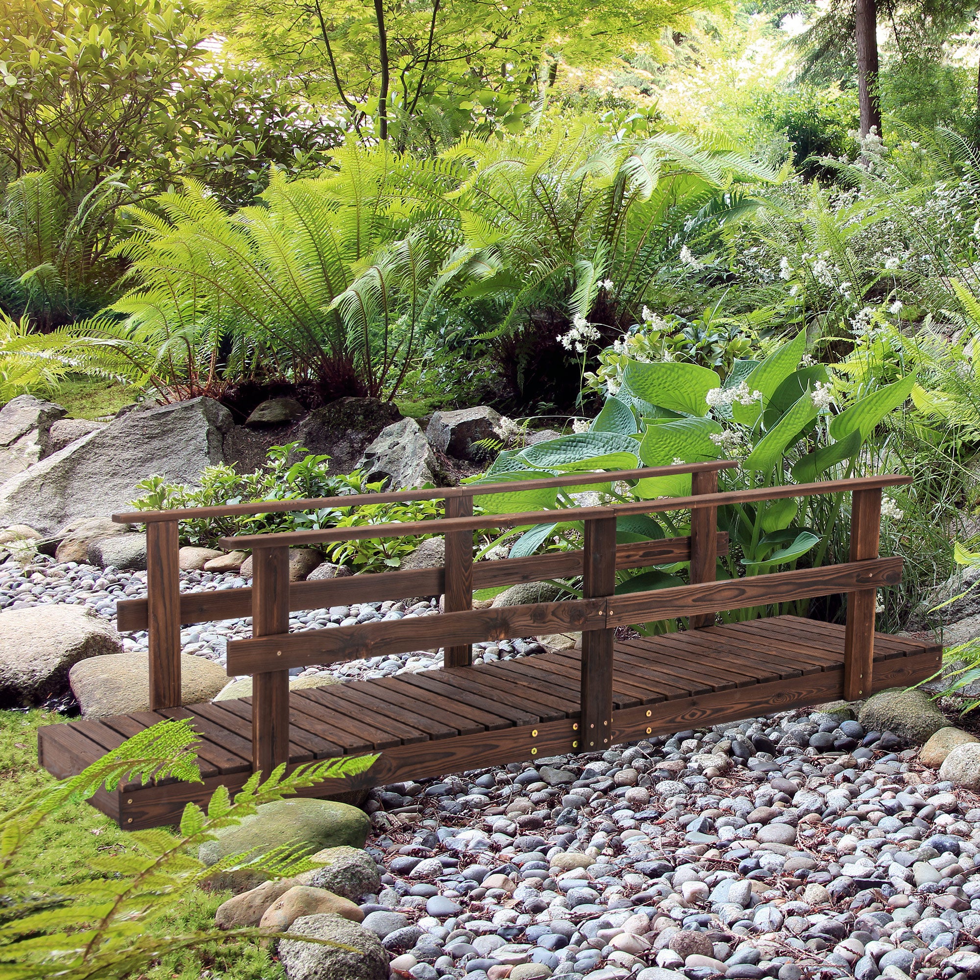 7' Garden Bridge with Pine Wood and Stained Finish for Backyard Ponds Creeks Streams Wood
