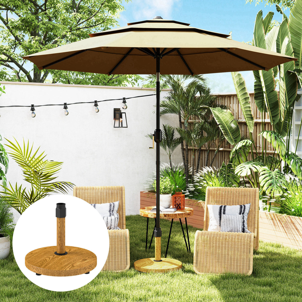 Patio Umbrella Base Holder, Outdoor Umbrella Base with Adjustable Pads, Heavy Duty Patio Umbrella Stand Base for Garden, Poolside, Nature Wood