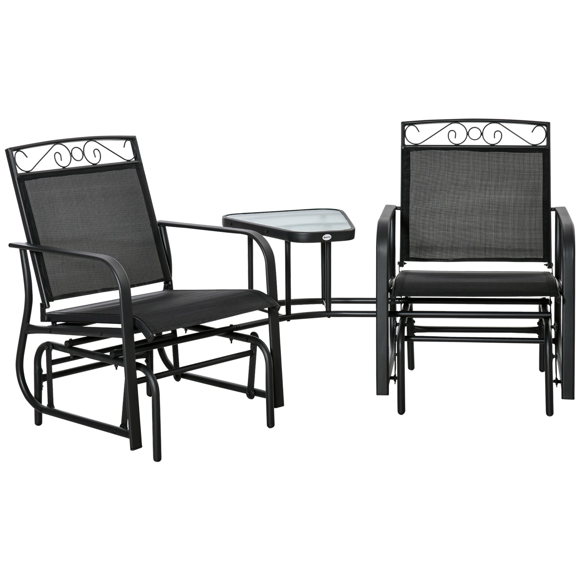 Outdoor Glider Chairs with Coffee Table, Patio 2-Seat Rocking Chair Swing with Breathable Sling for Backyard, Black