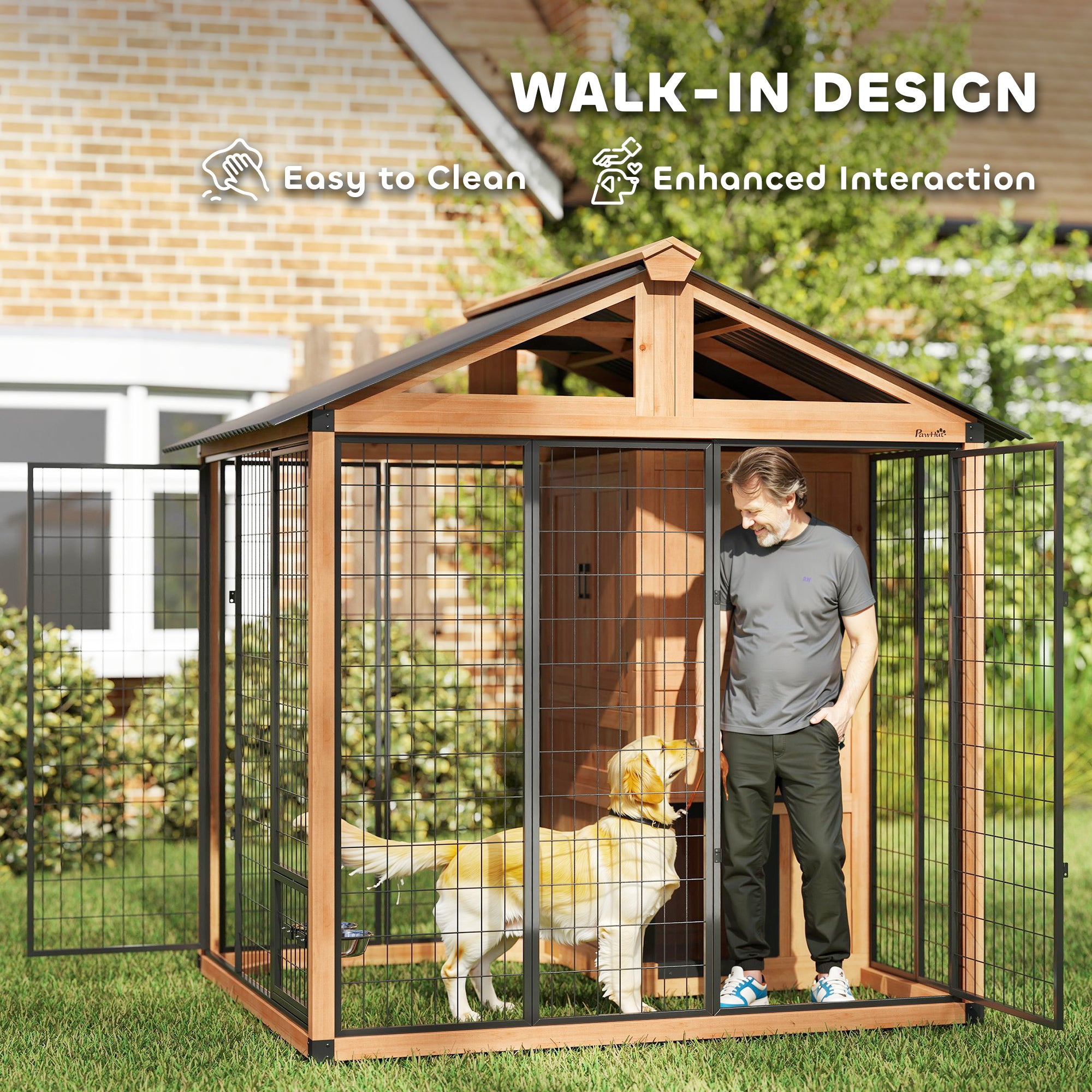 7' x 6' Extra Large Dog House, Wood Outdoor Dog Kennel with Storage Cabinet, Stainless Steel Bowls, Light Yellow