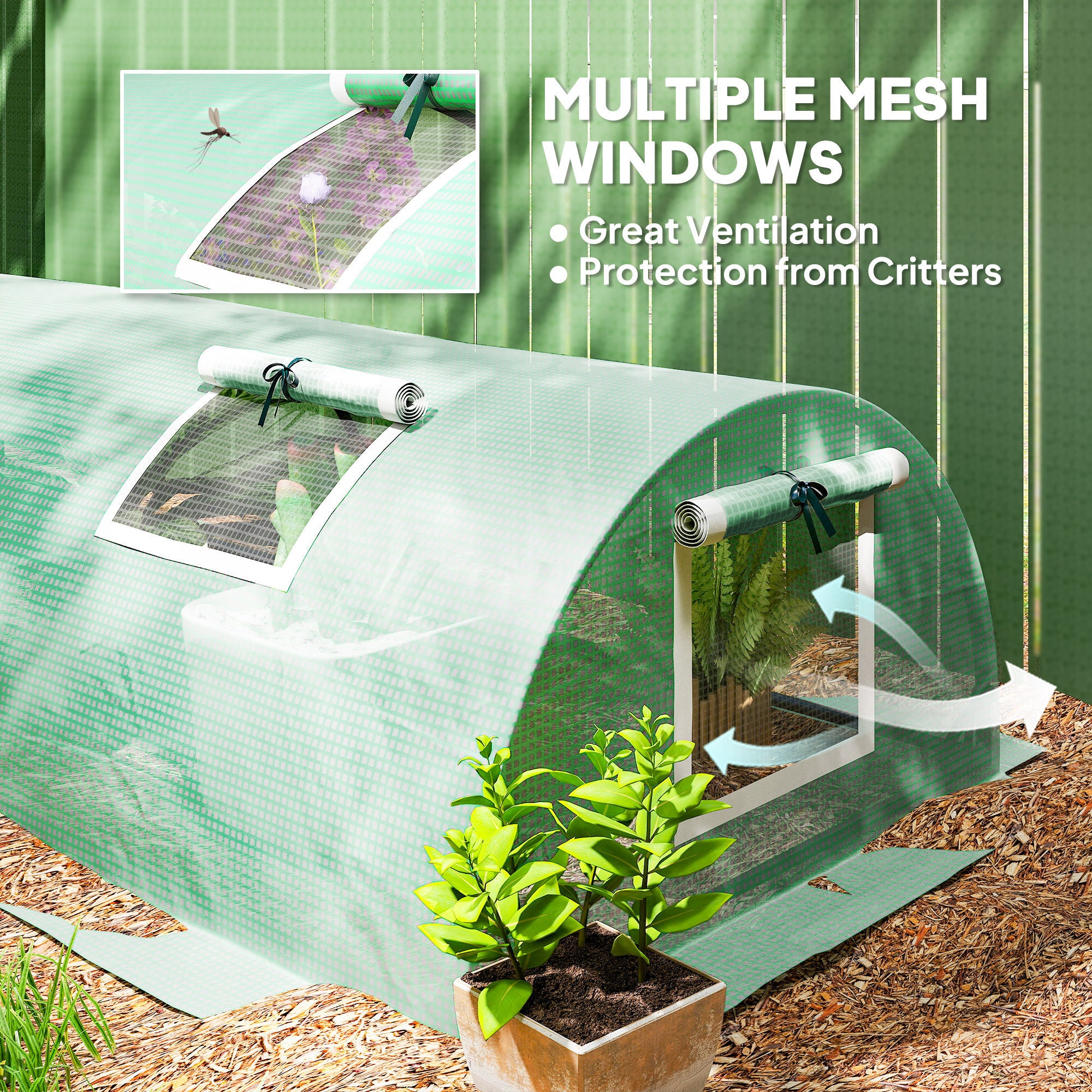 Mini Greenhouse with 5 Mesh Windows, Portable Plant Hot House with PE Cover and Steel Frame, 10' x 3' x 2', Green