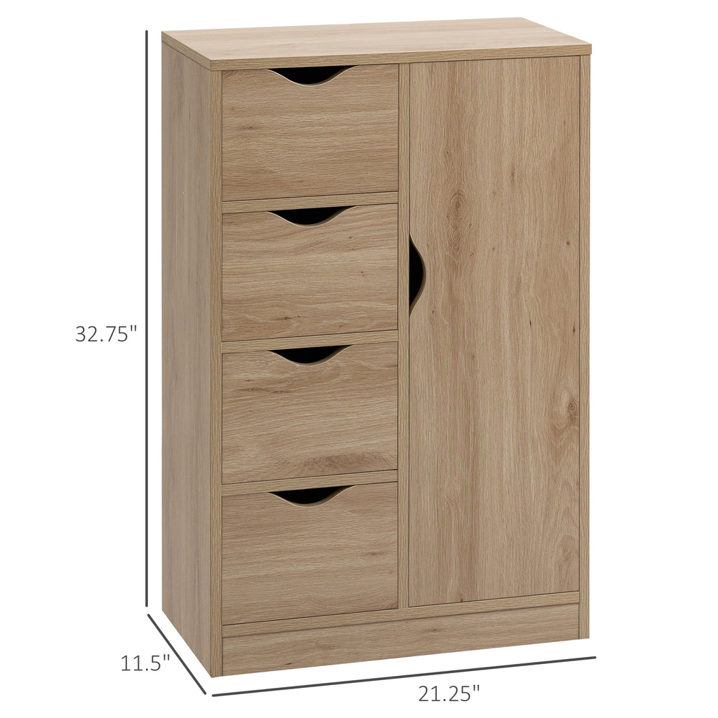 Freestanding Storage Cabinet, Bathroom Floor Cabinet with 4 Drawers and Door, Oak