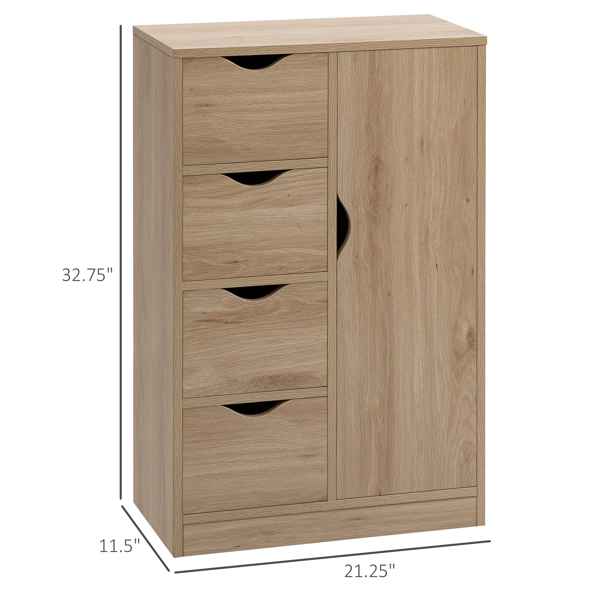 Freestanding Storage Cabinet, Bathroom Floor Cabinet with 4 Drawers and Door, Oak