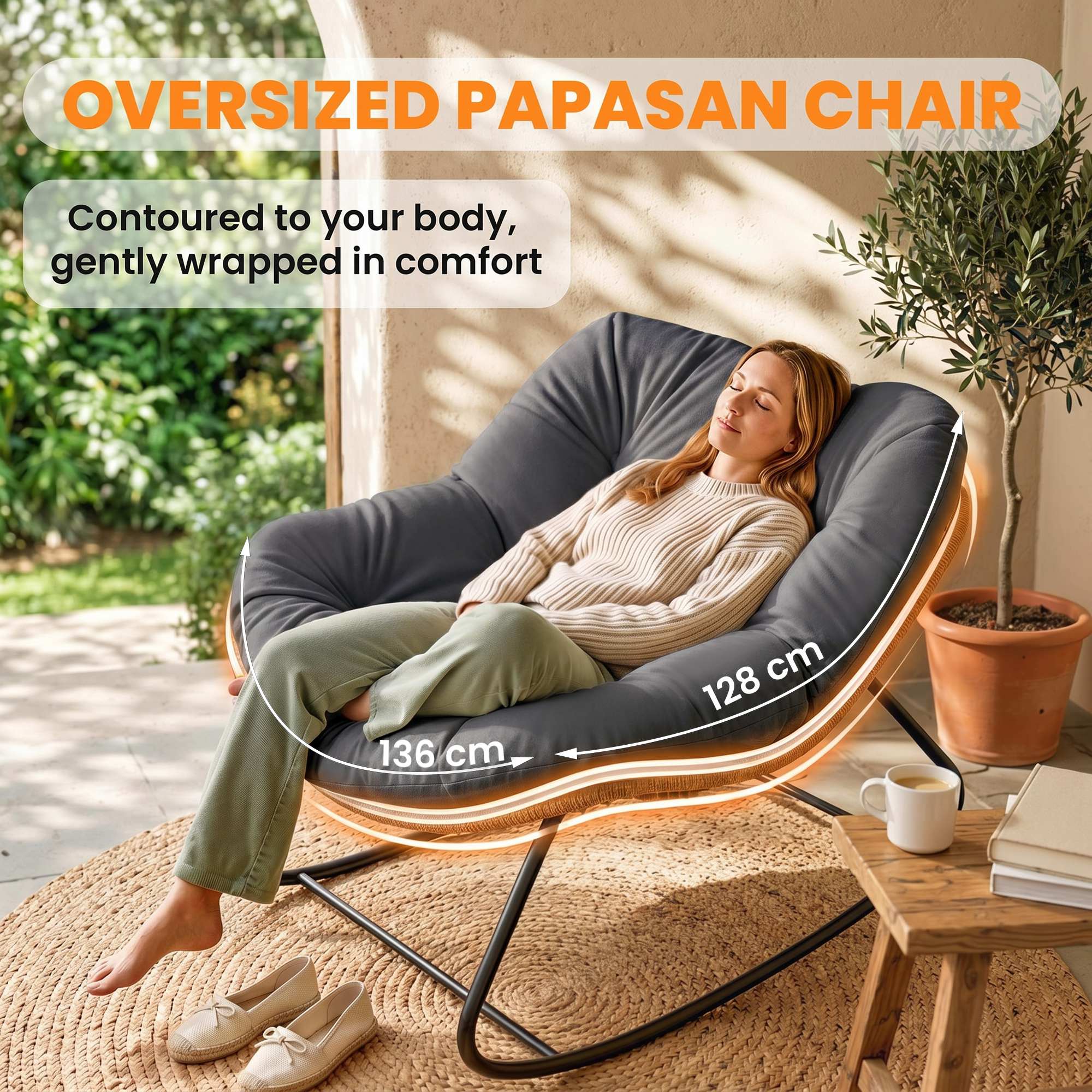 Indoor Outdoor Papasan Rocking Chair, Oversized Rocking Egg Chair with Cushion for Garden, Patio, Dark Gray