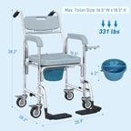 Rolling Shower Wheelchair for Seniors, Bedside Commode Chair with Locking Wheels, Seat, Backrest, Arms, Gray