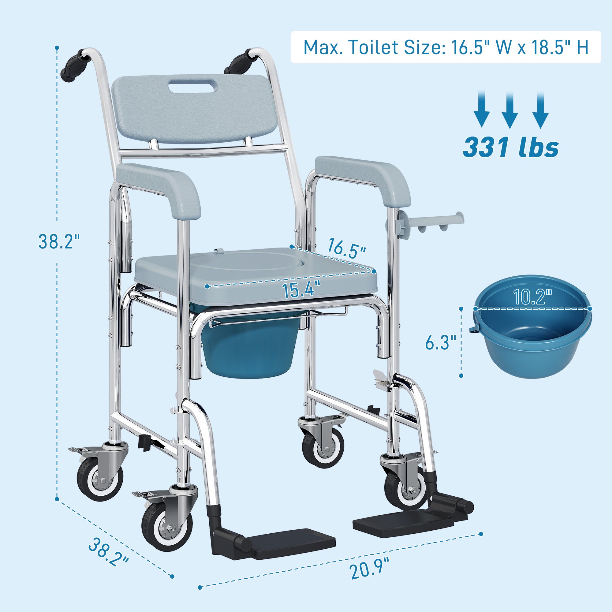 Rolling Shower Wheelchair for Seniors, Bedside Commode Chair with Locking Wheels, Seat, Backrest, Arms, Gray
