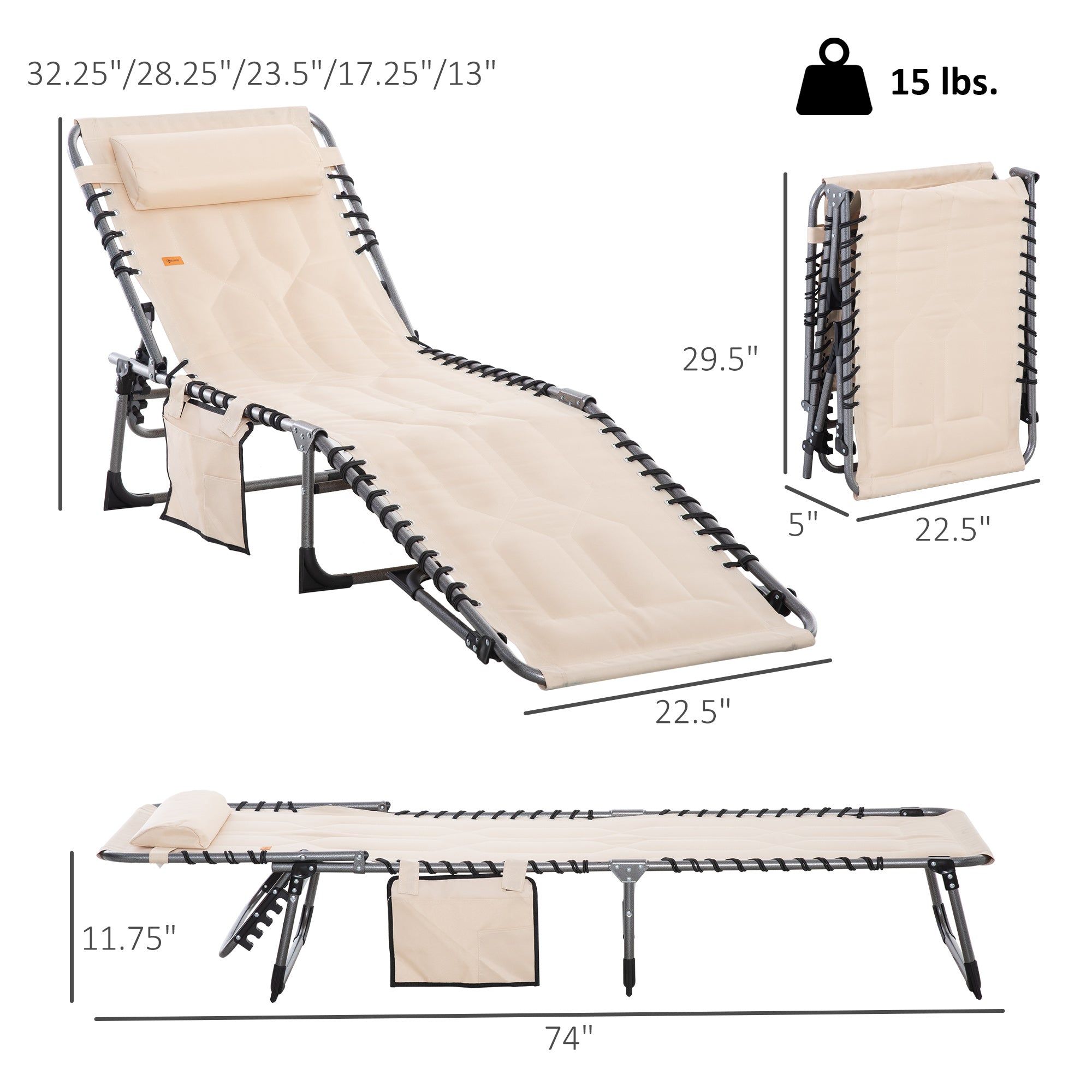 Padded Folding Chaise Lounge Chair, Outdoor 6-Level Reclining Camping Tanning Chair with Headrest for Beach, Yard, Patio, Pool, Beige