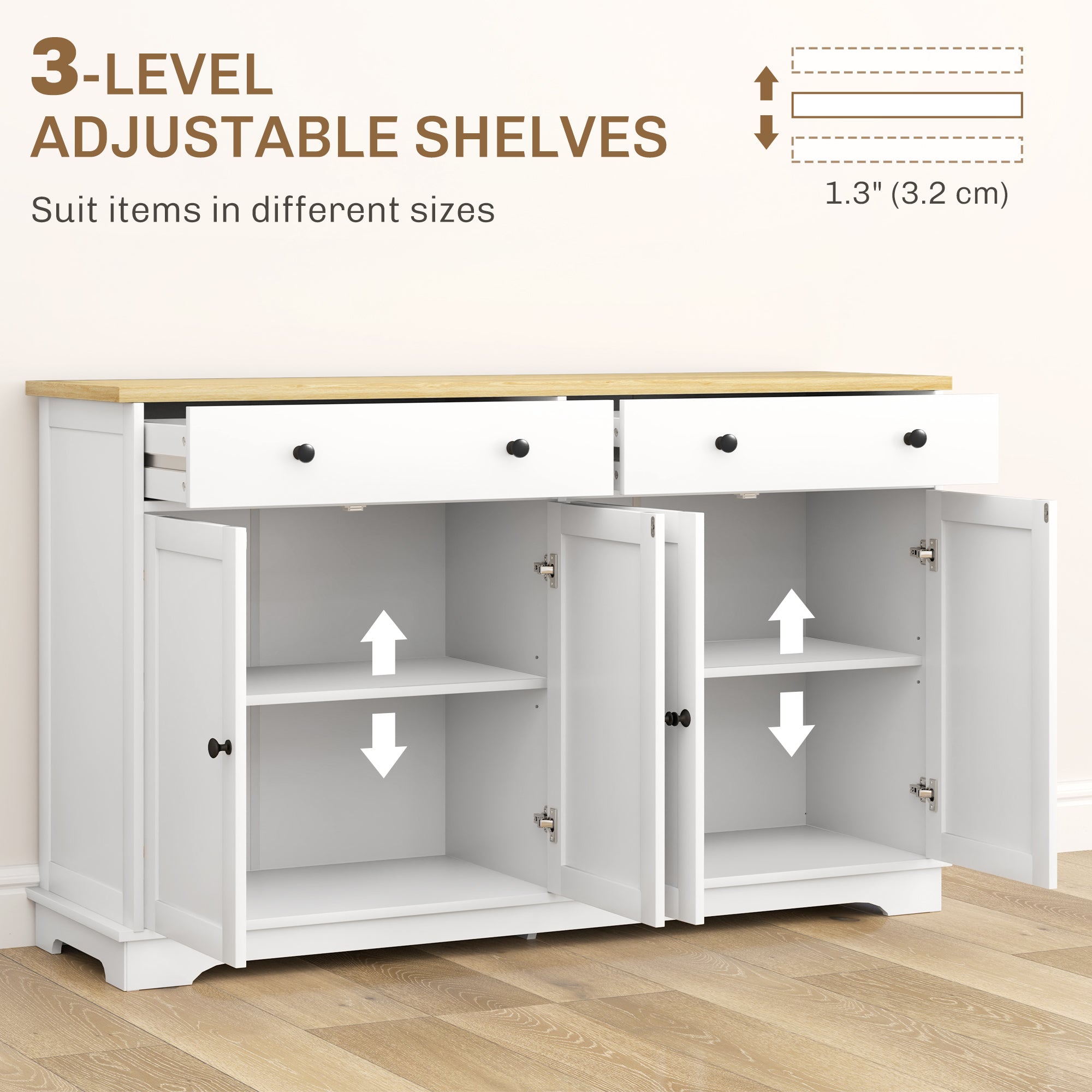 Modern Sideboard, Buffet Cabinet with Storage Drawers, Adjustable Shelves for Living Room, Dining Room, Entryway, White